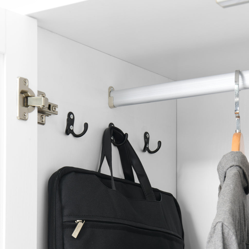 4 Doors Wardrobe Closet with Mirror, LED Wardrobe with Doors and 2 Drawers, Wooden Wardrobe Storage Cabinet with Hanging Rod, Adjustable Shelves, White - Grand Goldman Shop