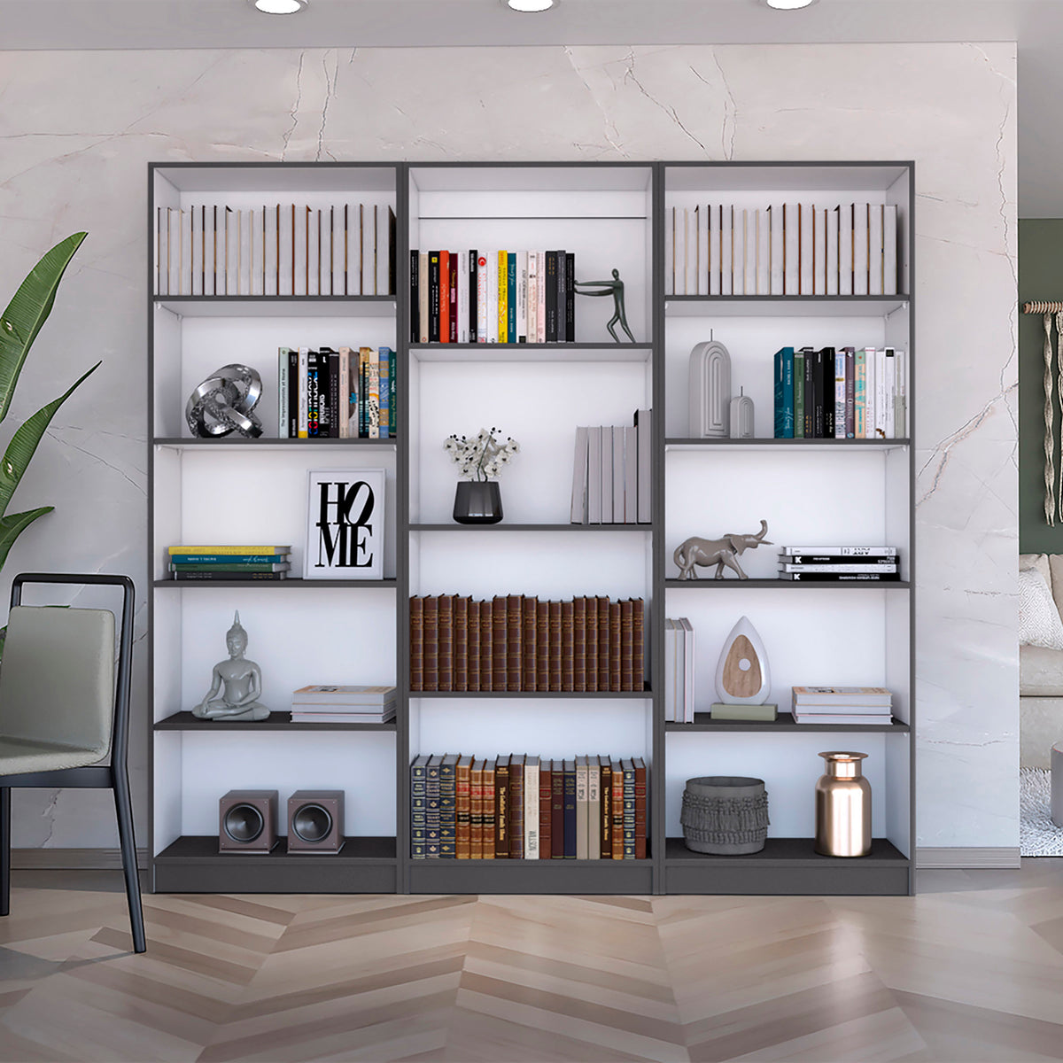 Bartow 3 Piece Home Bookcase set, 74' Wide with 14 Shelves ,  Living Room Set Set Matt Gray - White - Grand Goldman