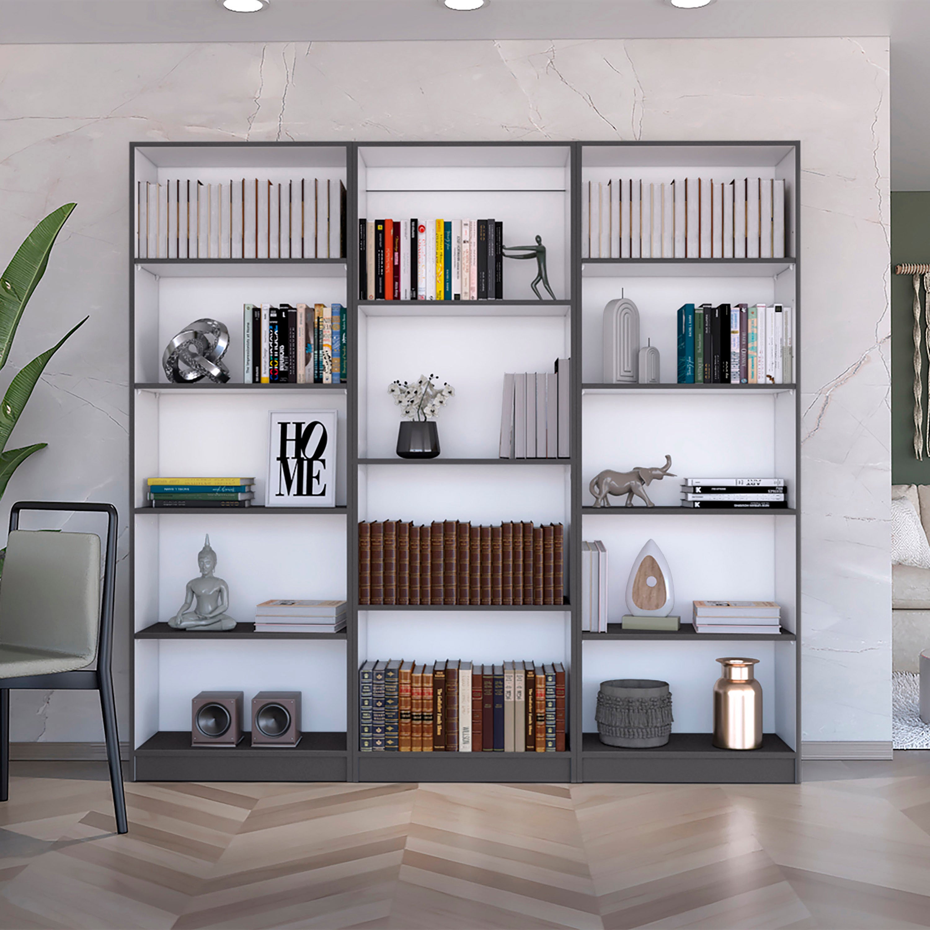 Bartow 3 Piece Home Bookcase set, 74' Wide with 14 Shelves ,  Living Room Set Set Matt Gray - White - Grand Goldman