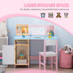 Qaba Toddler Desk and Chair Set, Kids Writing Desk Study Table for Children with Whiteboard, Storage Cabinet, Child Furniture