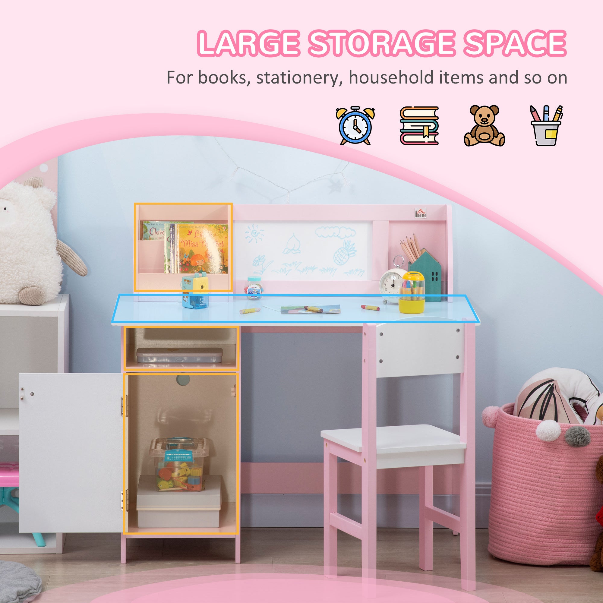 Qaba Toddler Desk and Chair Set, Kids Writing Desk Study Table for Children with Whiteboard, Storage Cabinet, Child Furniture