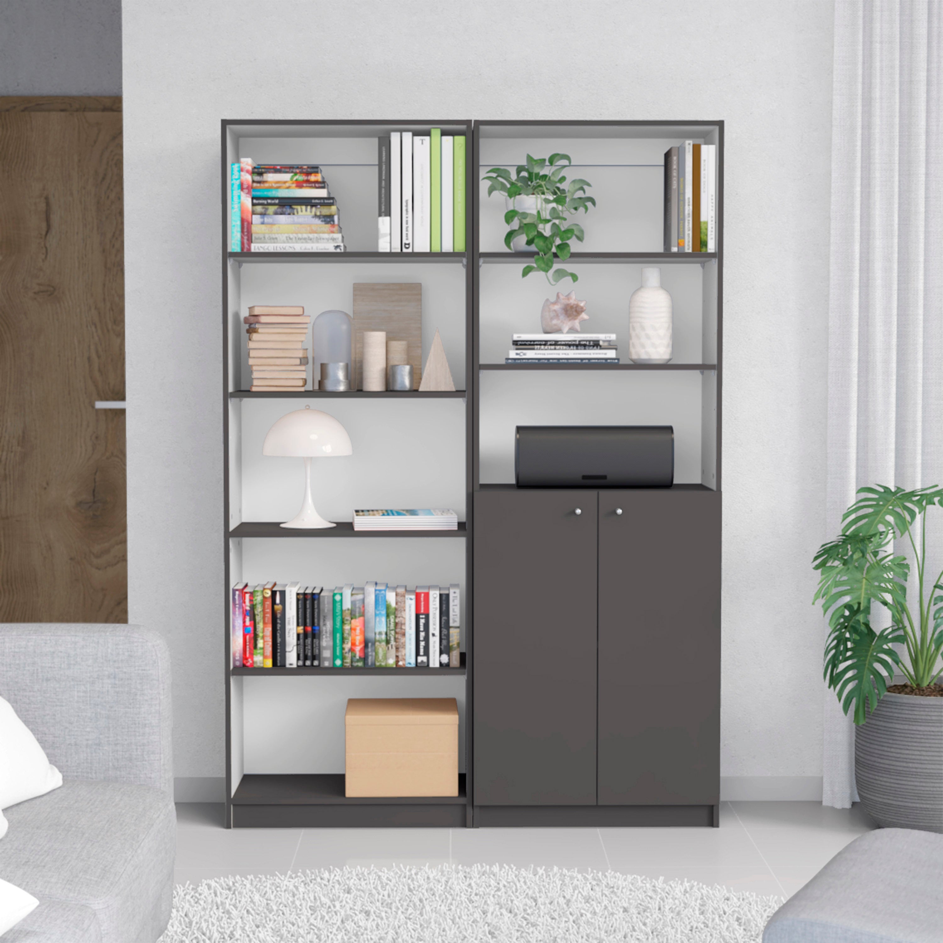 Layton 2 Piece Home Bookcase set, 49' Wide with 8 Shelves and Double Door Cabinet, Living Room Set Matte Gray - White - Grand