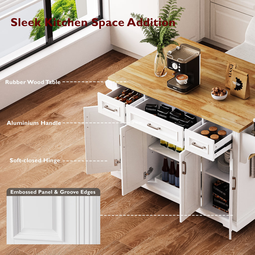 K&K 54inch Large Kitchen Island with Rubber Wood Drop Leaf, Embossed Texture Rolling Kitchen Cart on 4 Wheels with 4 Doors and 3 Drawers, Kitchen Island with Storage for Kitchen, Dining Room,White - Grand Goldman Shop