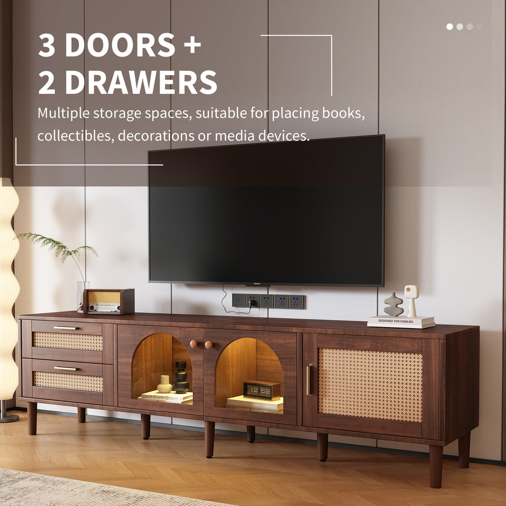 Dark Brown Rattan-inspired TV Stand with 3 Cabinets & 2 Drawers, LED Light Media Console for TVs up to 80'', MDF & Solid Wood Construction - Grand Goldman Shop