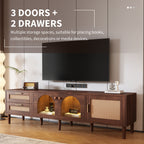 Dark Brown Rattan-inspired TV Stand with 3 Cabinets & 2 Drawers, LED Light Media Console for TVs up to 80'', MDF & Solid Wood Construction - Grand Goldman Shop