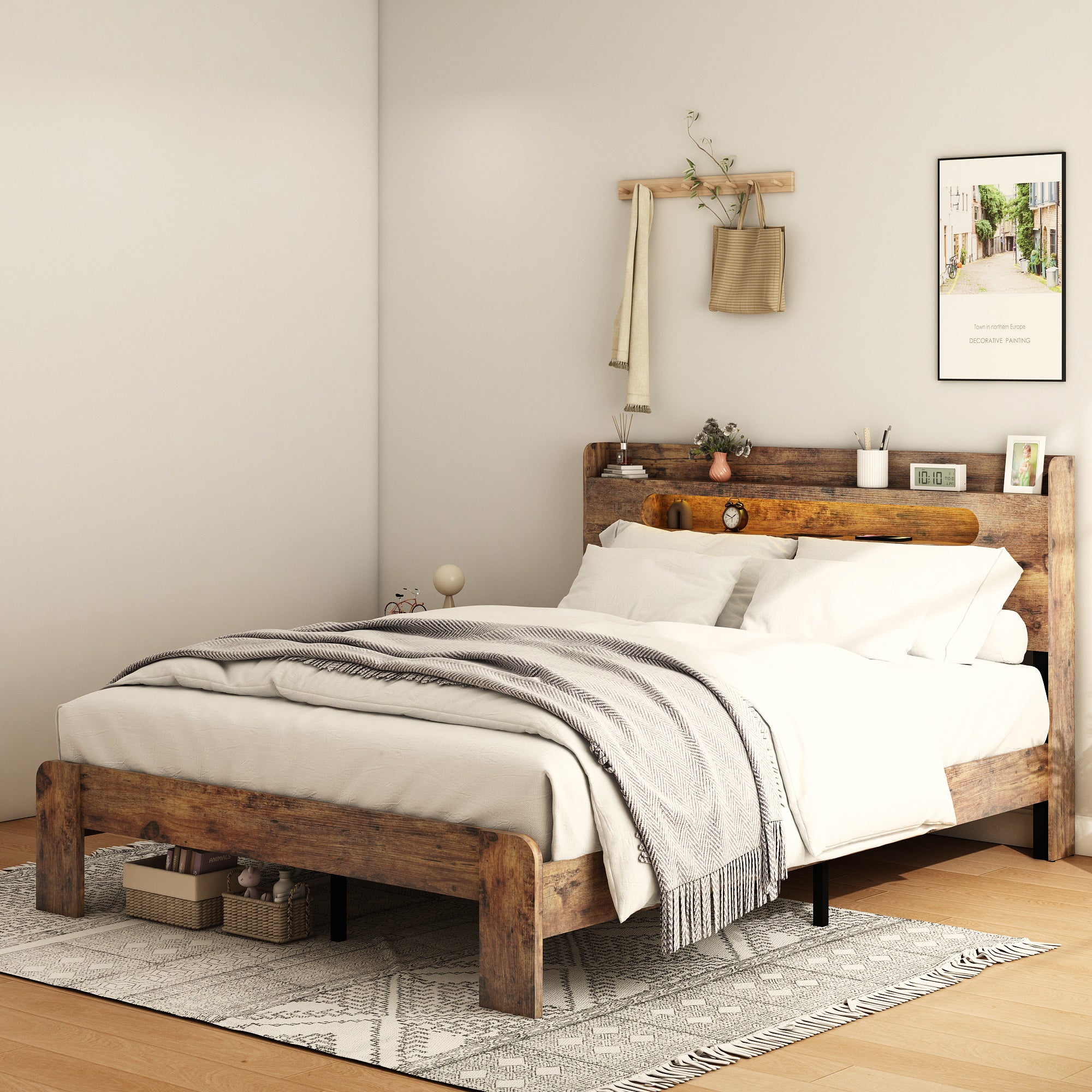 Bed Frame Queen Size, Wood Platform Bed Frame with Storage LED Light Headboard and 2 USB , Noise Free,No Box Spring Needed and Easy Assembly Tool,Large Under Bed Storage,Dark Brown - Grand Goldman Shop