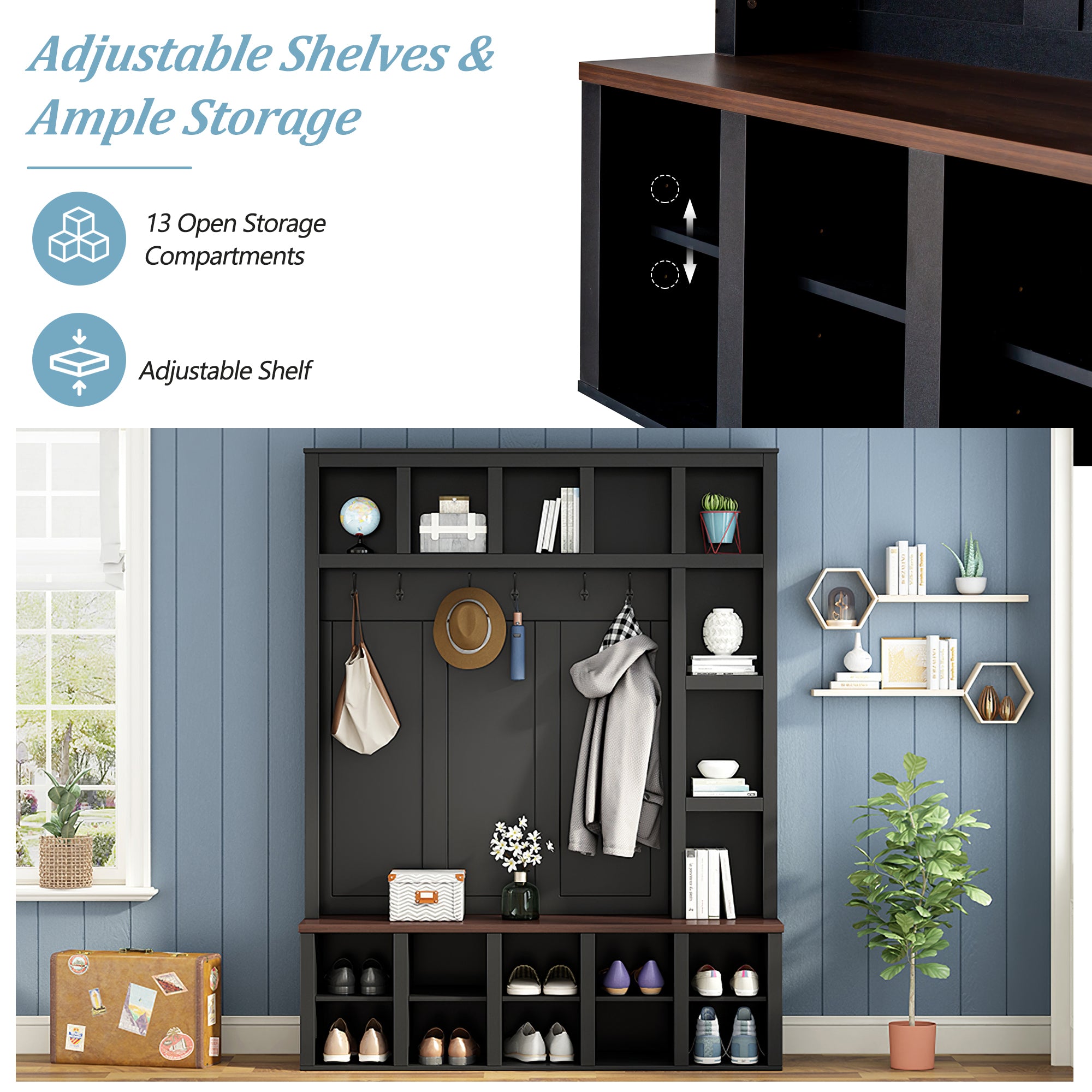 Farmhouse Wooden Hall Tree with 6 Hooks, Walnut Storage Bench with Adjustable Shelves,  4-in-1 Entryway Shoe Cabinet with Cubbies for Mudroom, Living Room, Black, 76.7'H (OLD SKU: N721S000044B) - Grand Goldman Shop