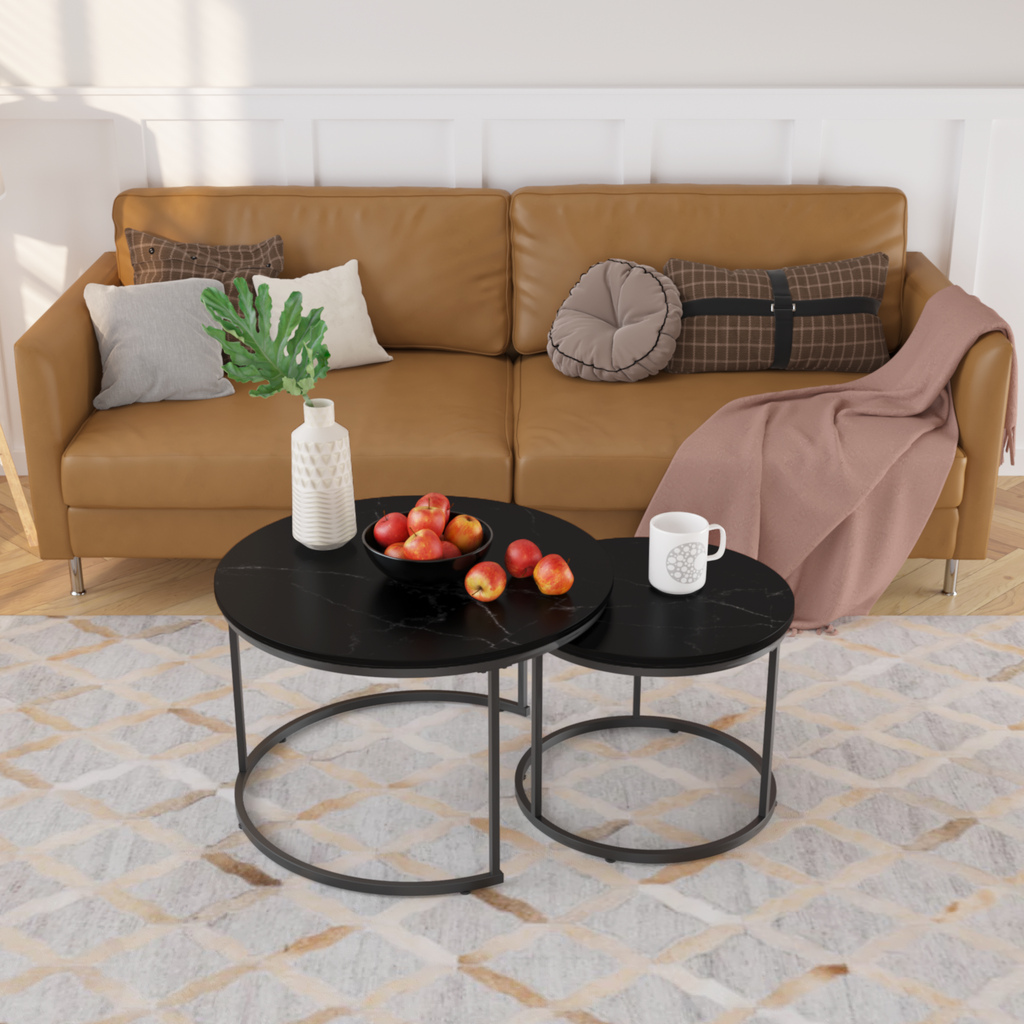Nesting Coffee Table Set of 2, 27.6in Round Wood Marble Pattern Top with Sturdy Metal Frame, Black Living Room Side Tables for Bedroom Balcony Yard - Grand Goldman Shop