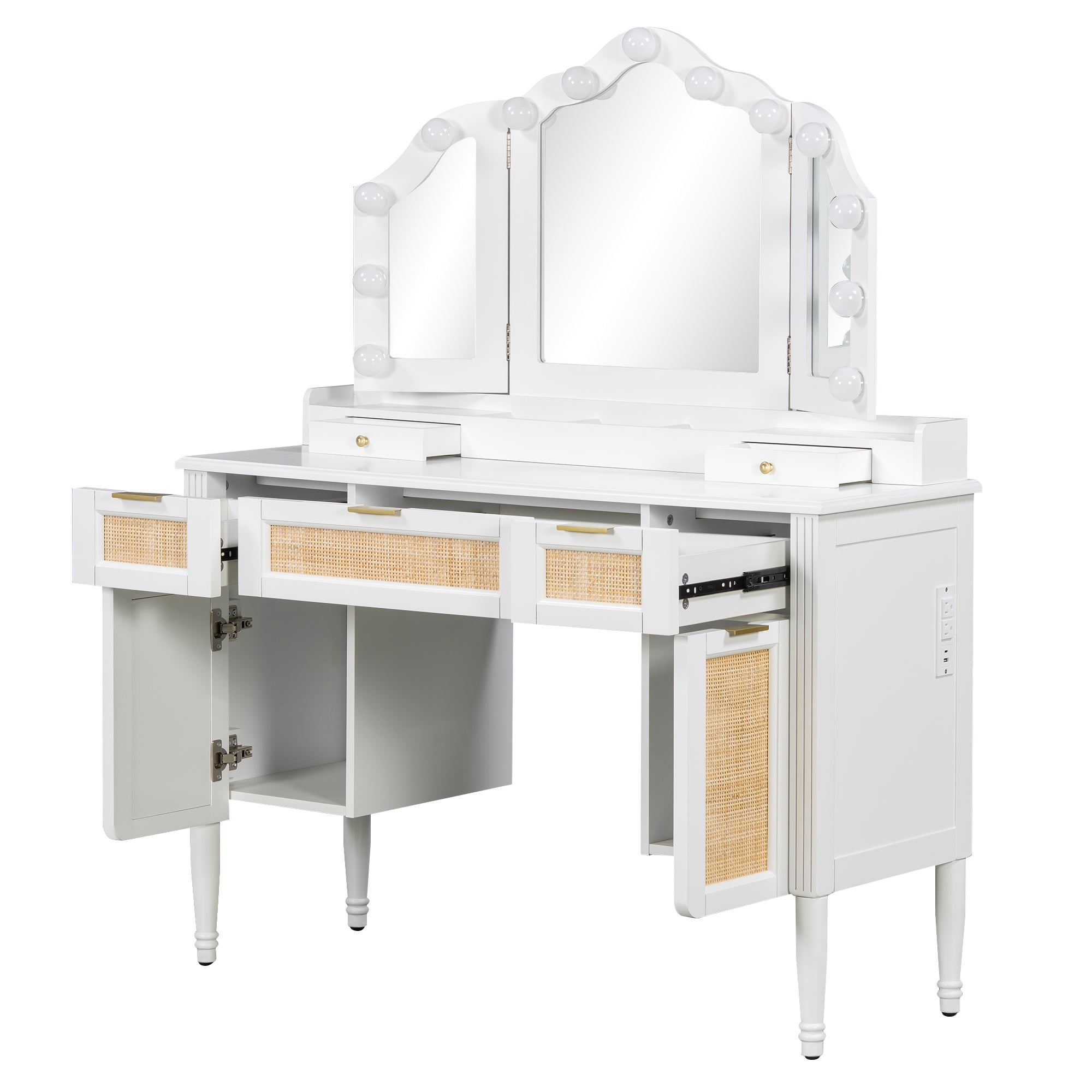 44.37 ' Makeup Vanity Desk with 13 Hollywood Bulbs and 3 Lighting Modes, Dressing Table with Tri-Fold Mirror   Large Vanity Table with 5 Drawers and Shelves and  Charging Station for Bedroom, White - Grand Goldman Shop