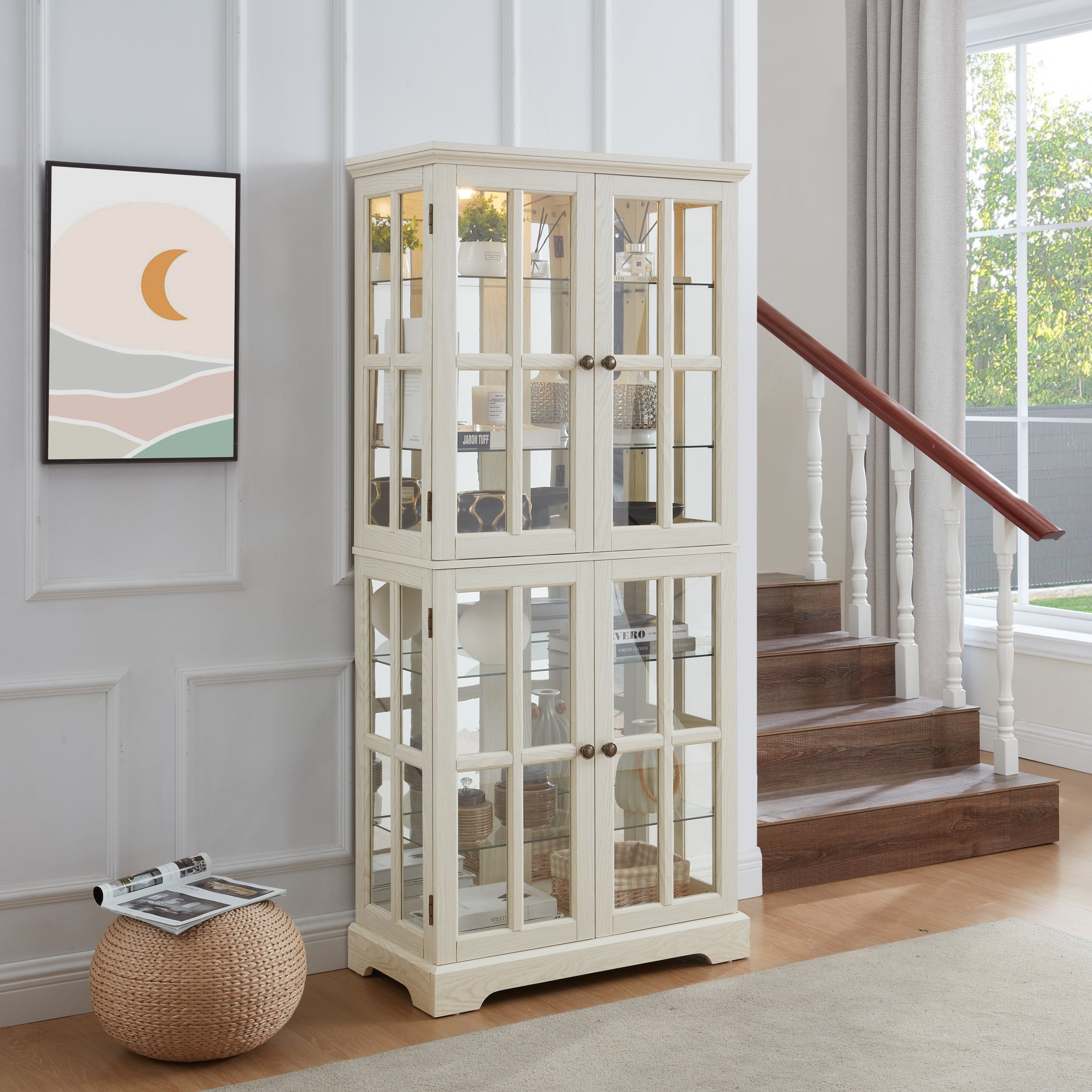 Curio Display Cabinet,Antique Display Cabinet with Glass Doors Adjustable Shelves for Collectibles Four Door Design Vintage Showcase for Home or Office Antique Display Case E26 Bulb Included  WHI - Grand Goldman Shop