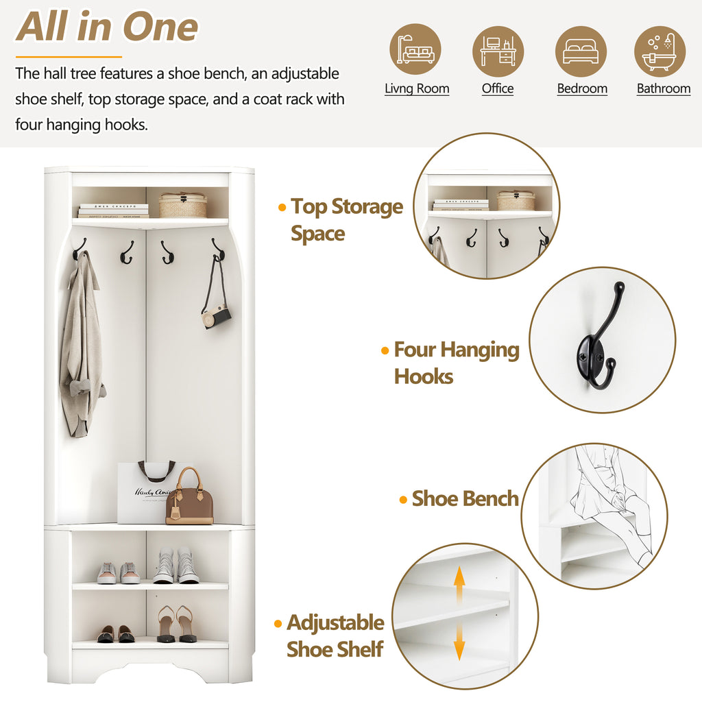 Minimalist Corner Hall Tree with Shoe Bench, Versatile Entryway Coat Rack with 4 Hooks, Corner Cabinet with Adjustable Shelf for Hallway, Living Room, White, 29.5''W*71.6''H (OLD SKU: N721P189665K) - Grand Goldman Shop