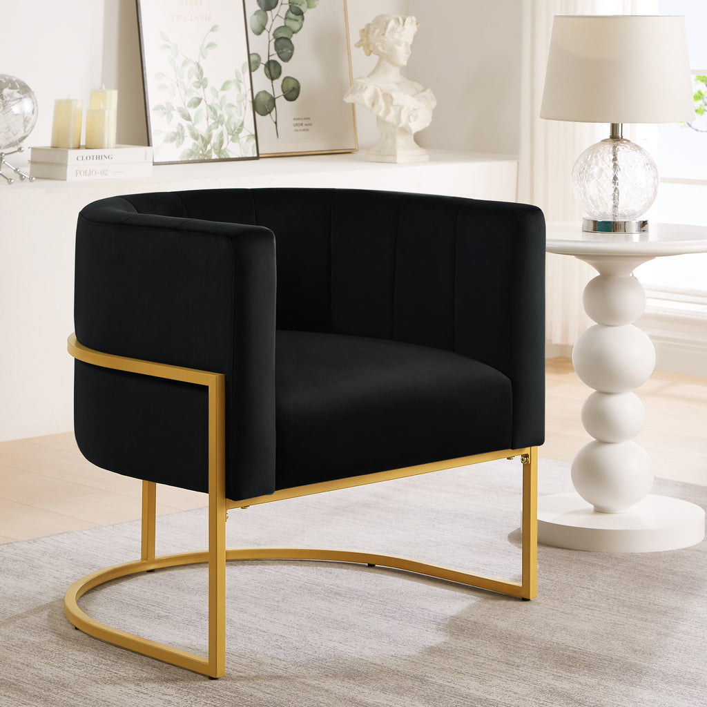 Upholstered Velvet Accent Chair with Golden Metal Stand,Mid-Century  Living Room Leisure Chair with Curve Backrest  -Black - Grand Goldman Shop