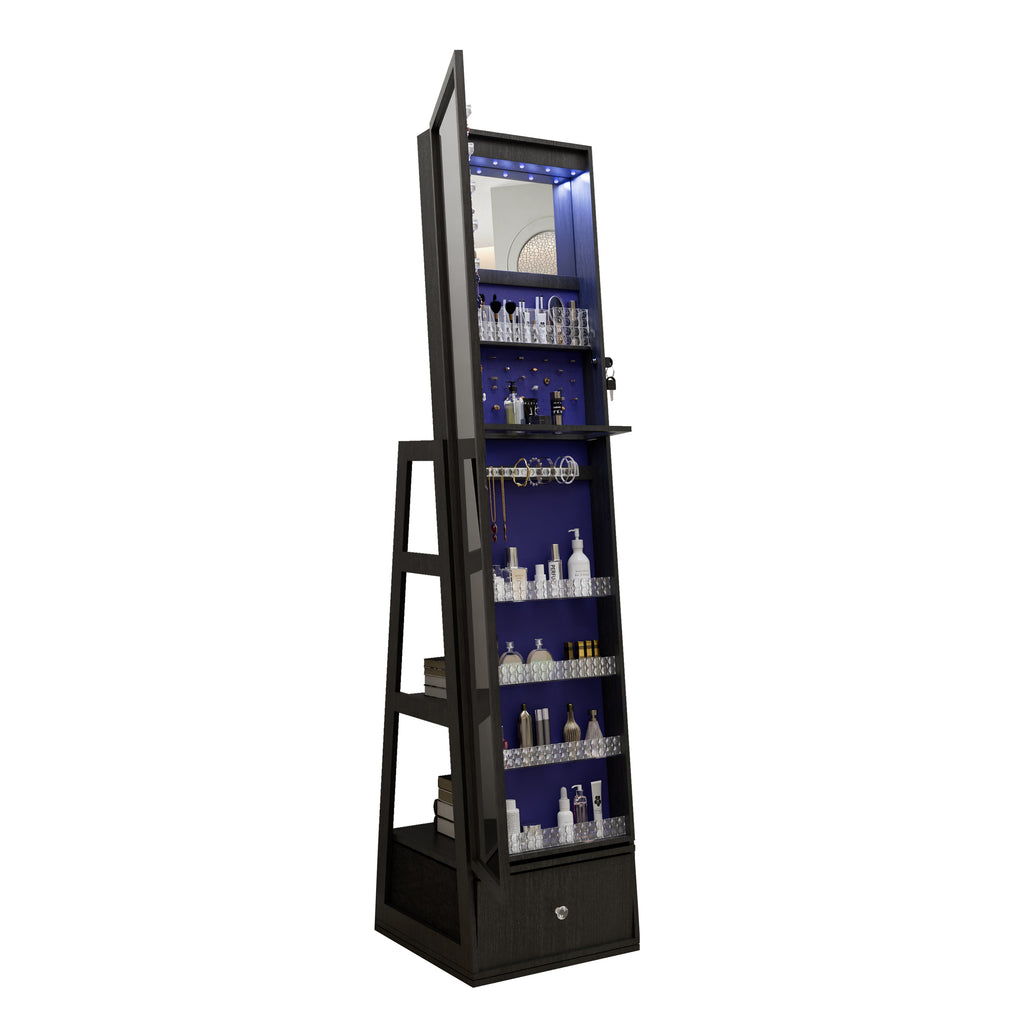 360°Swivel Jewelry Cabinet with Full Length Mirror, 360°Rotating Standing Jewelry Armoire Organizer, Lockable Storage Cabinet, Interior Lighted Mirror and Storage Drawers, Black - Grand Goldman Shop