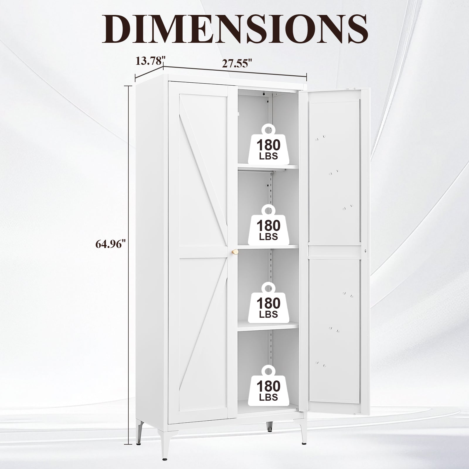 White Metal Adjustable 2-Door Storage Cabinet with Powder-Coated Steel, Striped Design, Gold Handles, 4 Adjustable Shelves fo