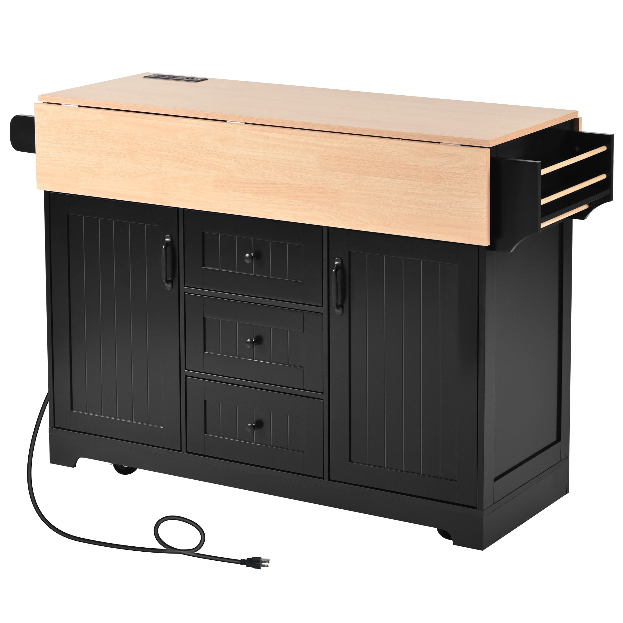 K&K 55.7'' Large Kitchen Island with 2 Drop Leaf,, Rolling Kitchen Cart on 5 Wheels with Power Outlet, Folding Storage Dining Table with Spice & Towel Rack , 3 Drawers, for Kitchen, Dining Room,Black - Grand Goldman Shop