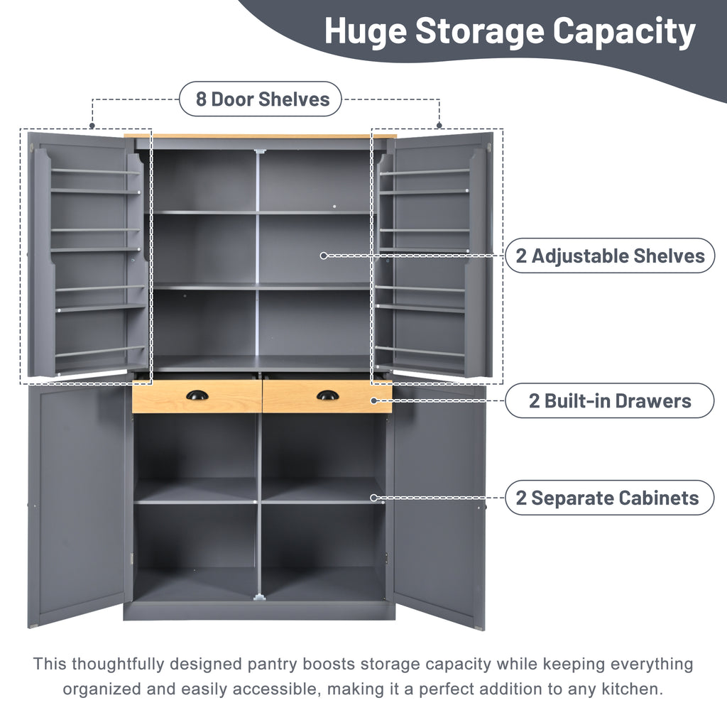 [Assembly Video Provided]TOPMAX 40.2x20x71.3inch High Freestanding Kitchen Pantry Large Cupboard Storage Cabinet with 2 Drawers, 2 Adjustable Shelves, 8 Door Shelves for Kitchen, Dining Room,Gray - Grand Goldman Shop