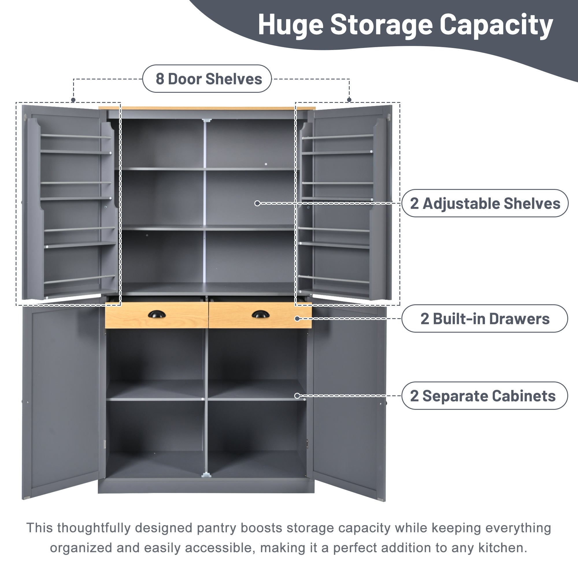 [Assembly Video Provided]TOPMAX 40.2x20x71.3inch High Freestanding Kitchen Pantry Large Cupboard Storage Cabinet with 2 Drawers, 2 Adjustable Shelves, 8 Door Shelves for Kitchen, Dining Room,Gray - Grand Goldman Shop