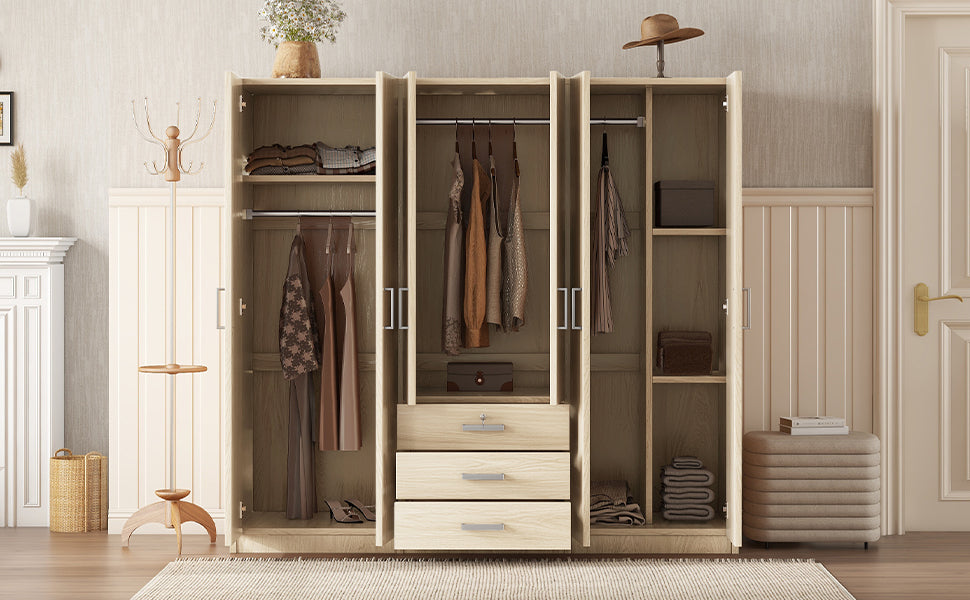 6-Doors Wooden Wardrobe Storage for Bedroom, with Big Drawers, Natural - Grand Goldman Shop
