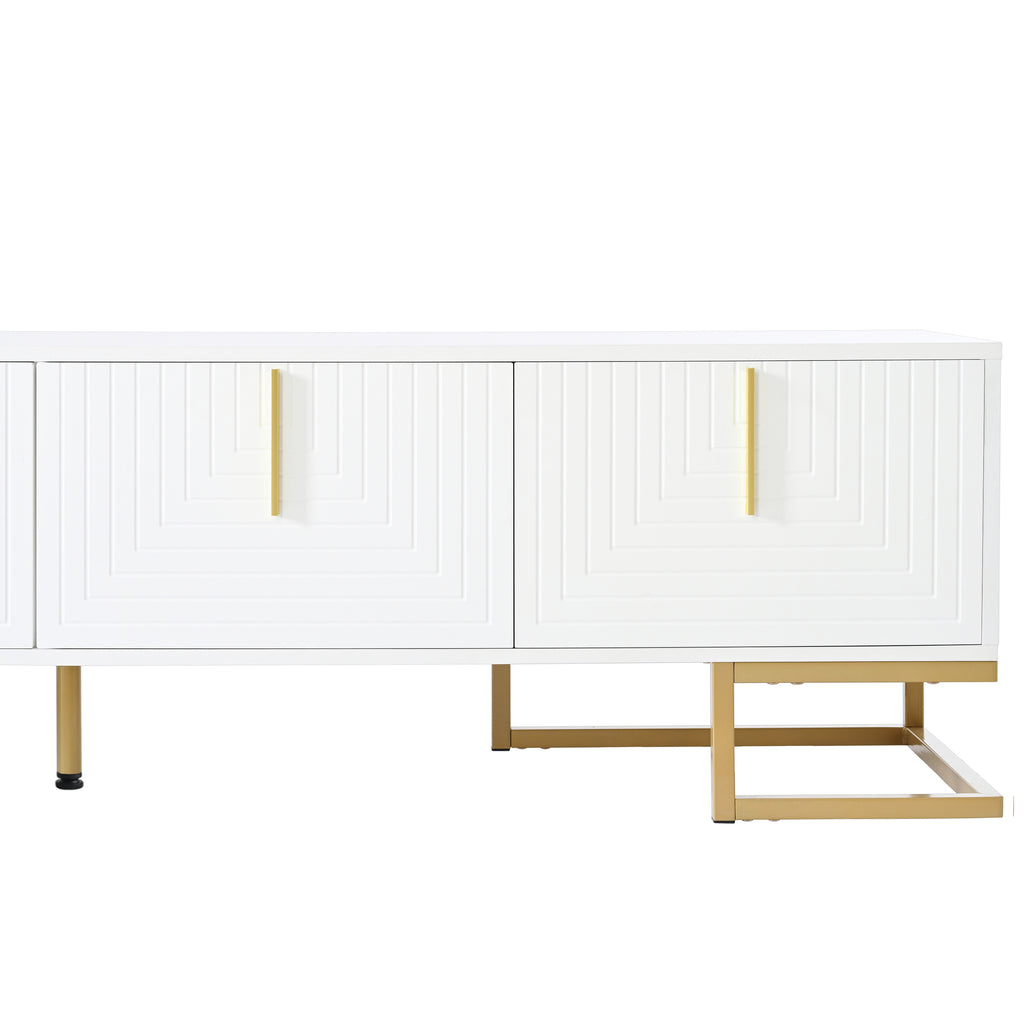 ON-TREND Modern TV Stand with Metal Legs and Gold Handles for TVs Up to 80'', Media Console Table with Cabinets and Adjustable Shelves, Luxury TV Cabinet with Geometric Lines for Living Room, White - Grand Goldman Shop