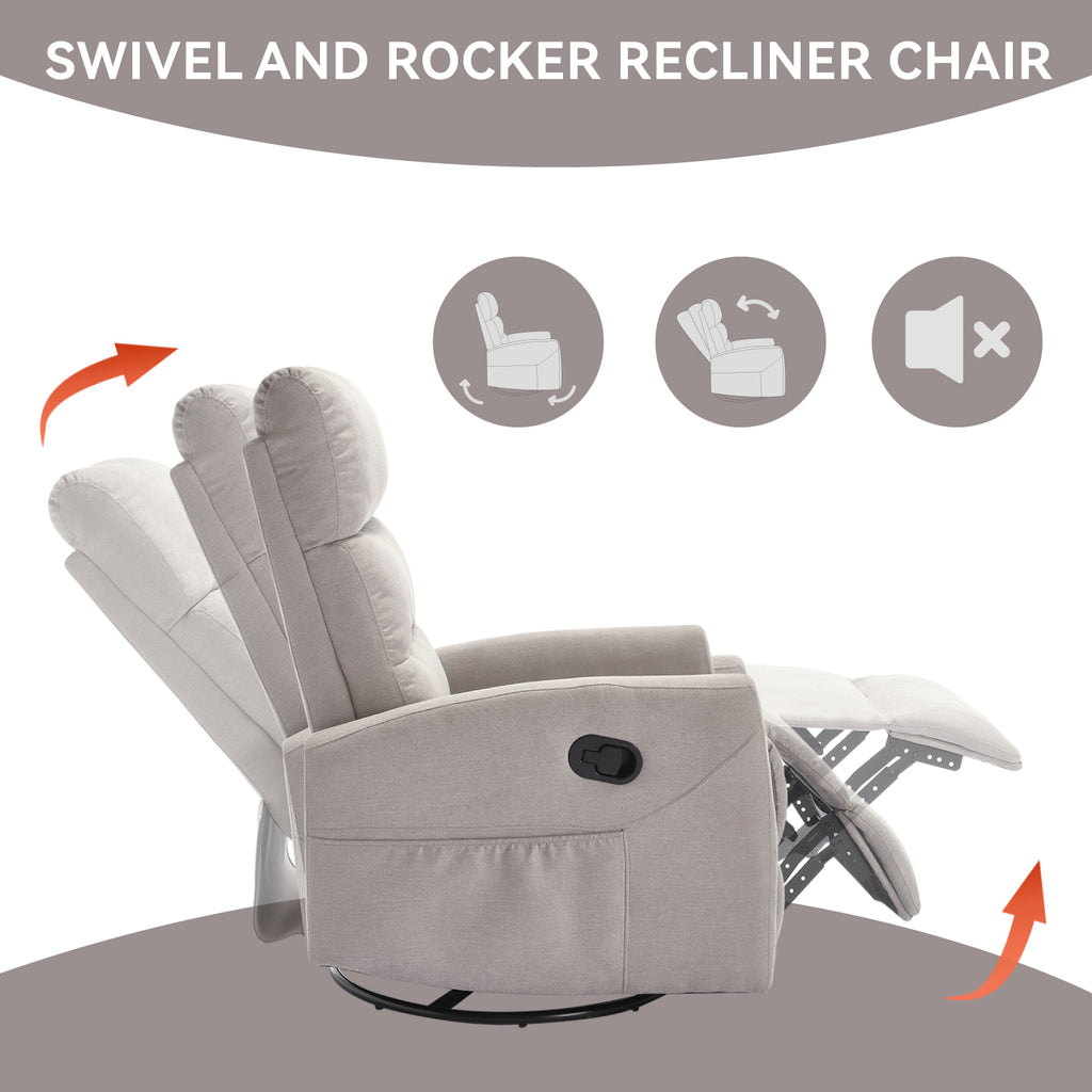 Manual Recliner Chair with Rocker and Swivel in Fabric for Living Room, Grey - Grand Goldman Shop