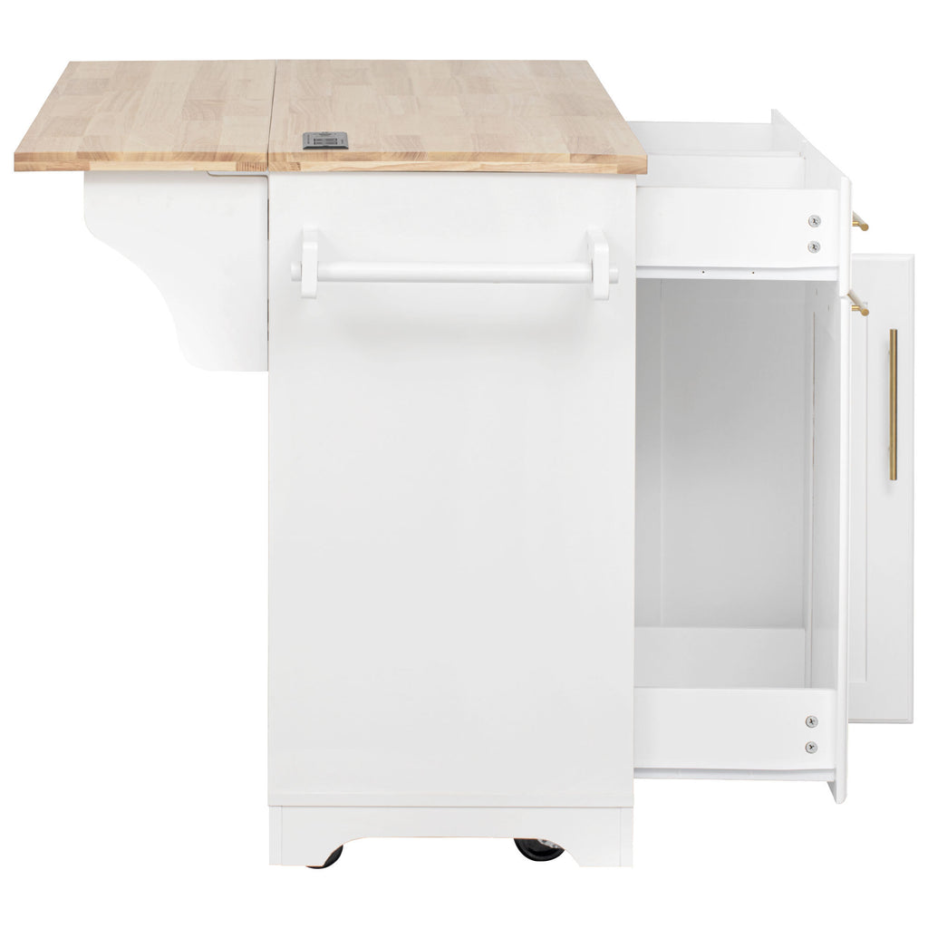 K&K 59.3' Kitchen Island with Storage 2 Pull Out Cabinet Organizers & Rubber Wood Drop Leaf, Rolling Kitchen Island with Trash Can Storage, Power Outlet, Spice & Towel Rack for Kitchen, Dining, White - Grand Goldman Shop