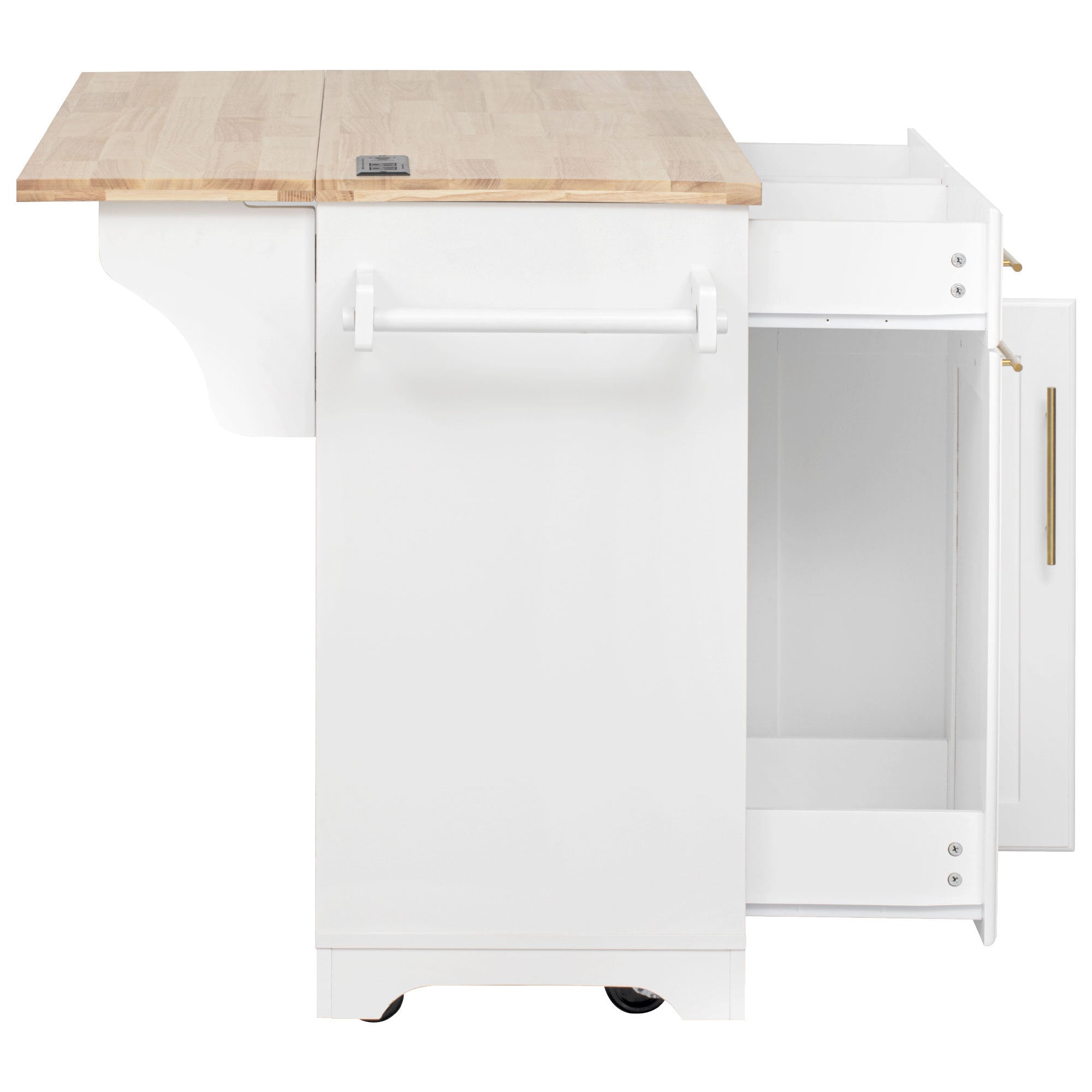 K&K 59.3' Kitchen Island with Storage 2 Pull Out Cabinet Organizers & Rubber Wood Drop Leaf, Rolling Kitchen Island with Trash Can Storage, Power Outlet, Spice & Towel Rack for Kitchen, Dining, White - Grand Goldman Shop