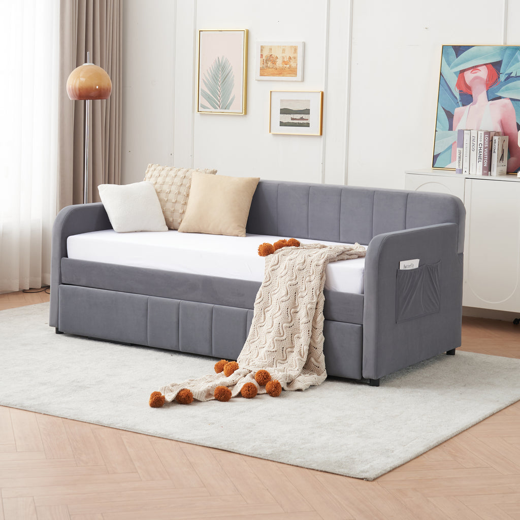 Twin Upholstered Daybed Frame with Trundle, Twin Size Sofa Bed for Bedroom Living Room Guest Room, Wood Slat Support,Grey - Grand Goldman Shop