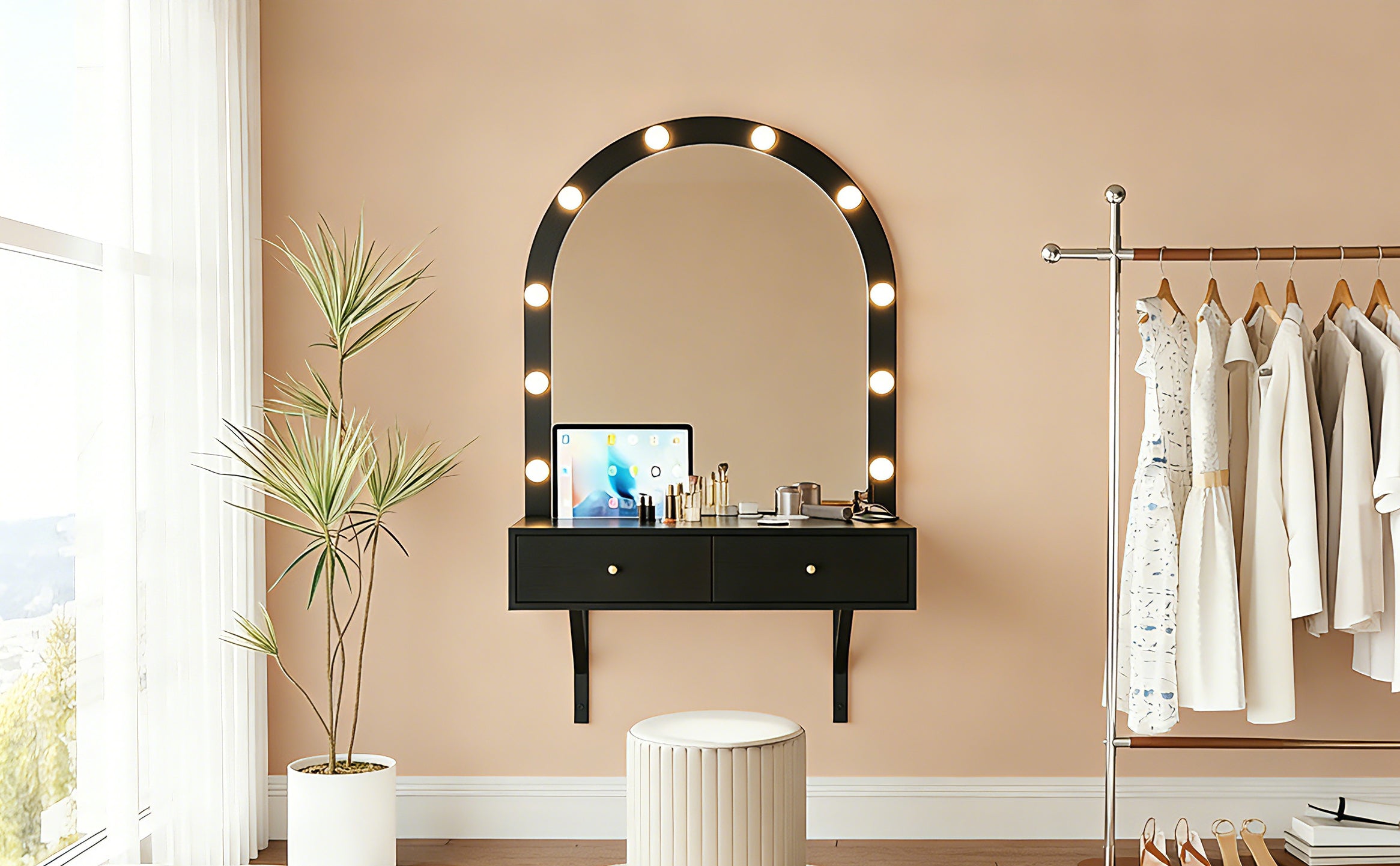 Floating Wall Mounted Makeup Vanity Desk with LED Mirror 3 Color Lights, Compact Dressing Table with Power Outlet & USB Charging, Space Saving Large Storage Vanity for Bedroom Bathroom, Black - Grand Goldman Shop