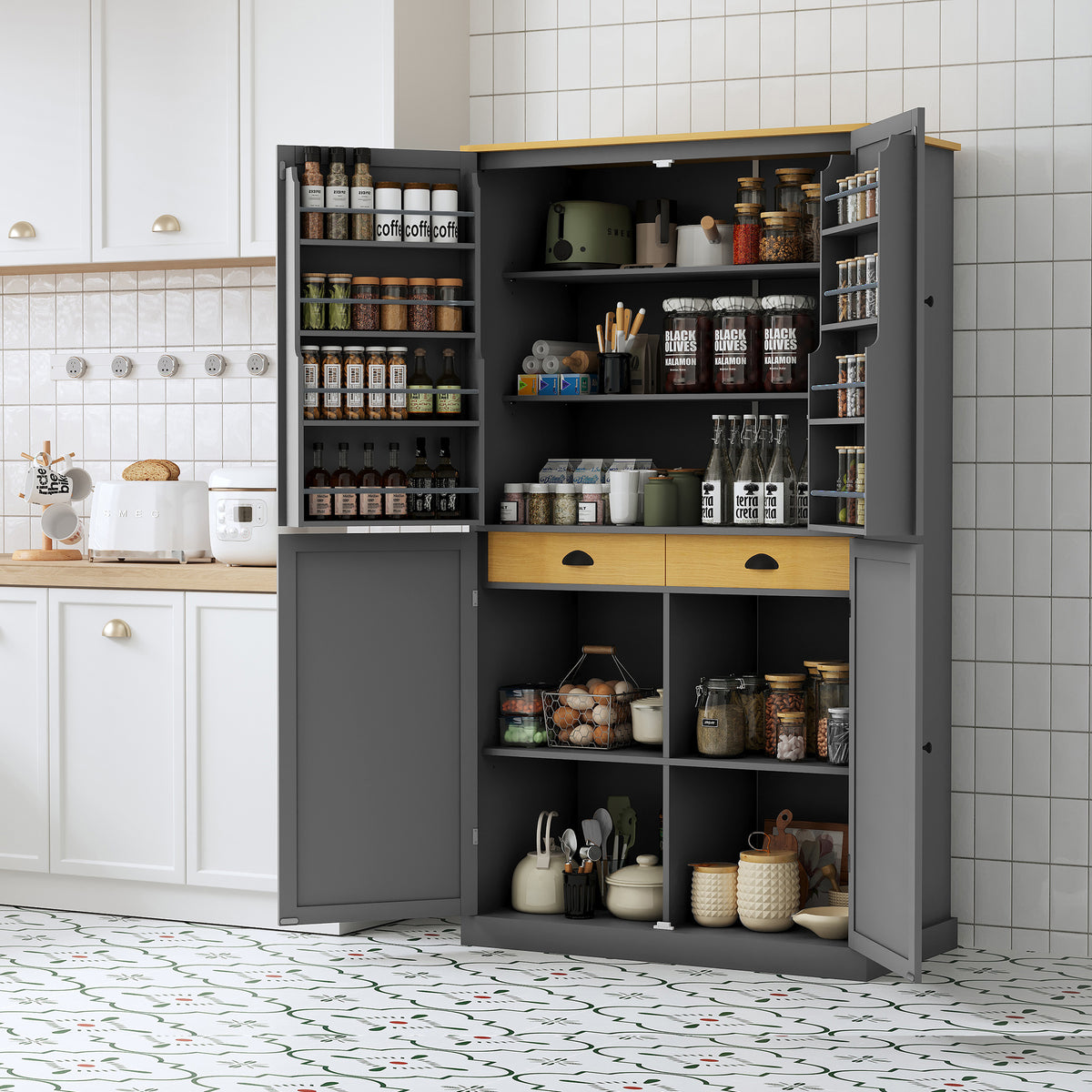 [Assembly Video Provided]TOPMAX 40.2x20x71.3inch High Freestanding Kitchen Pantry Large Cupboard Storage Cabinet with 2 Drawers, 2 Adjustable Shelves, 8 Door Shelves for Kitchen, Dining Room,Gray - Grand Goldman Shop