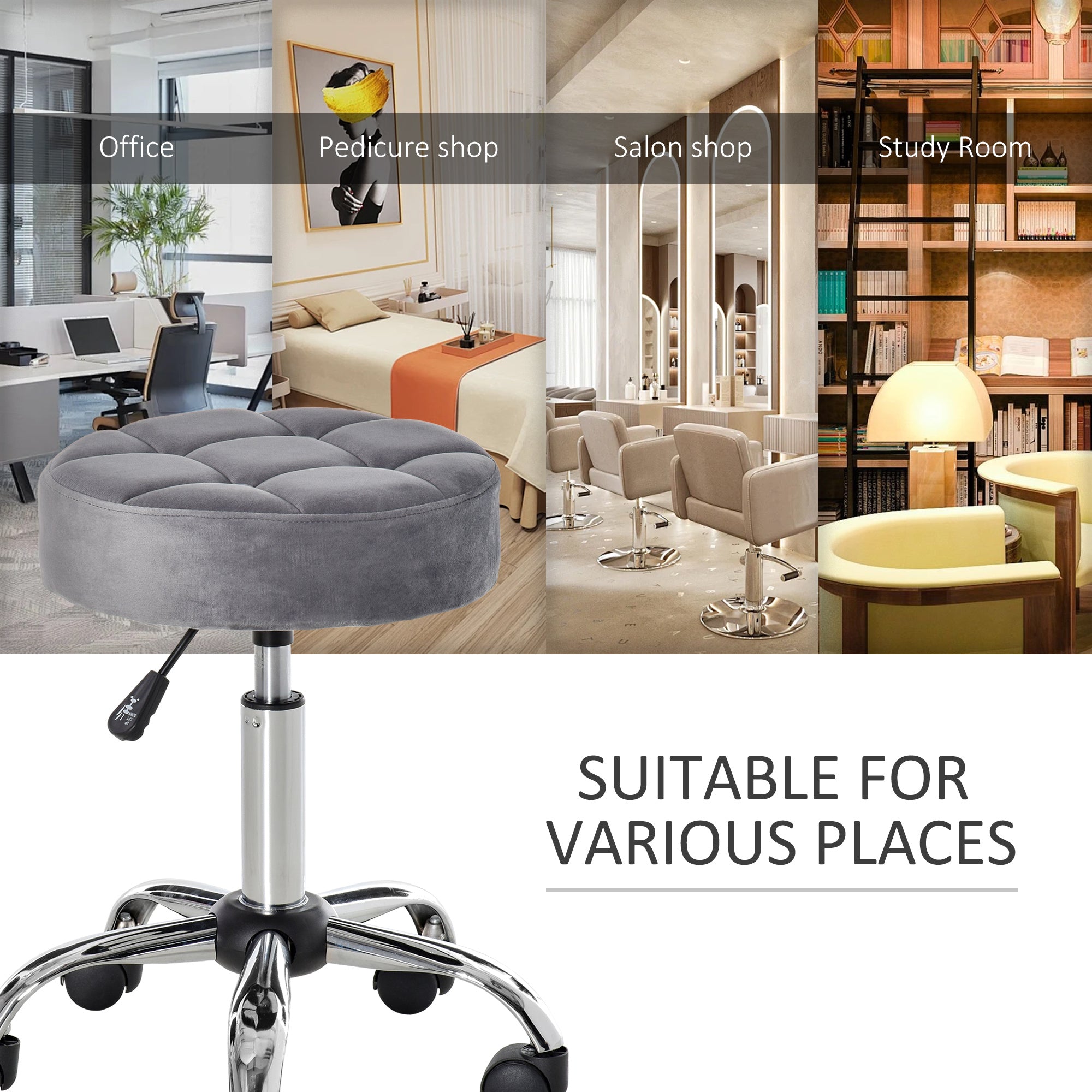 Office Chair Round Rolling Stool with Height Adjustable Lift, Vanity Chair | Premium Home Decor - Grand Goldman