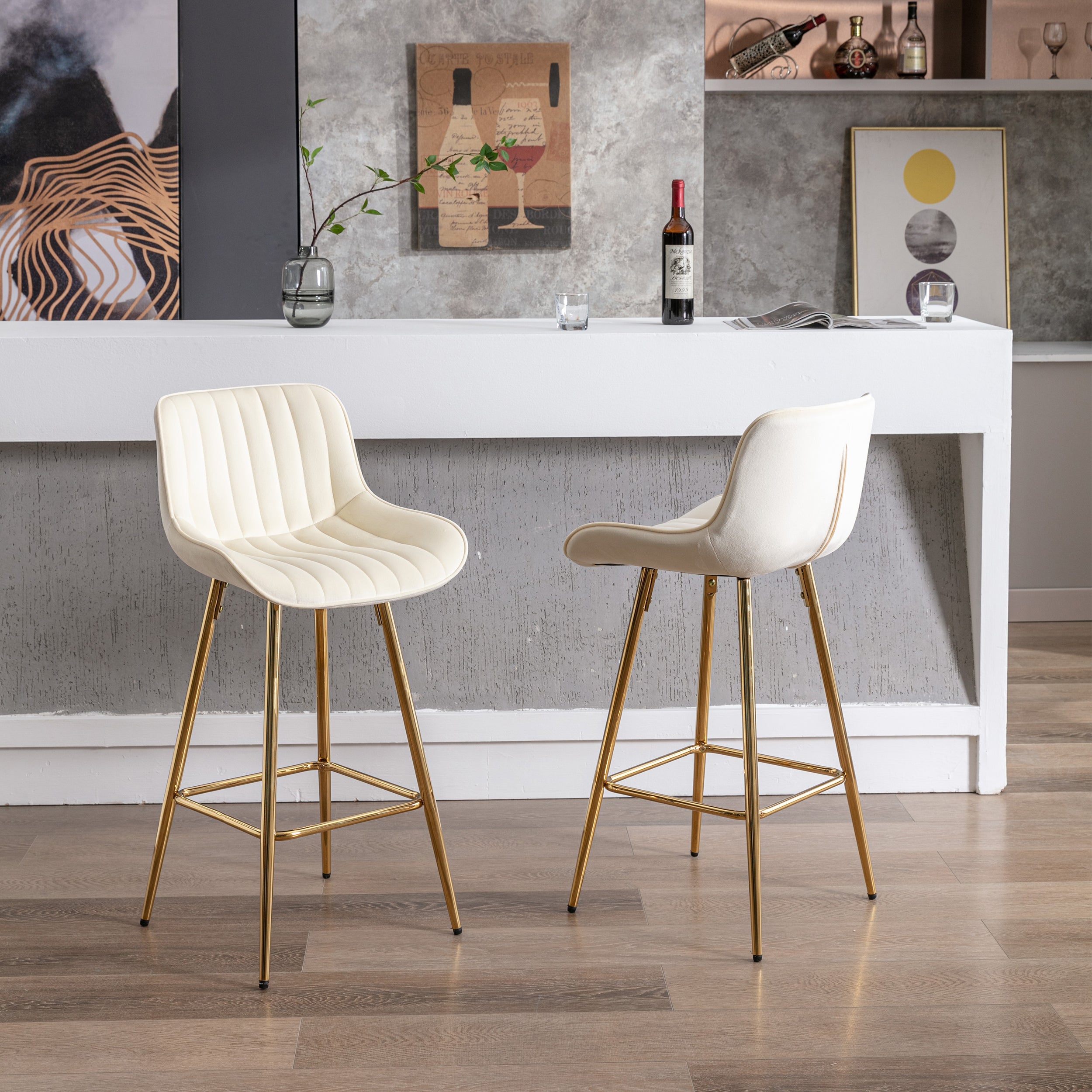 26 Inch Set of 2 Bar Stools,with Chrome Footrest Velvet Fabric Counter Stool Golden Leg Simple Bar Stool,CREAM - Grand Goldman Shop