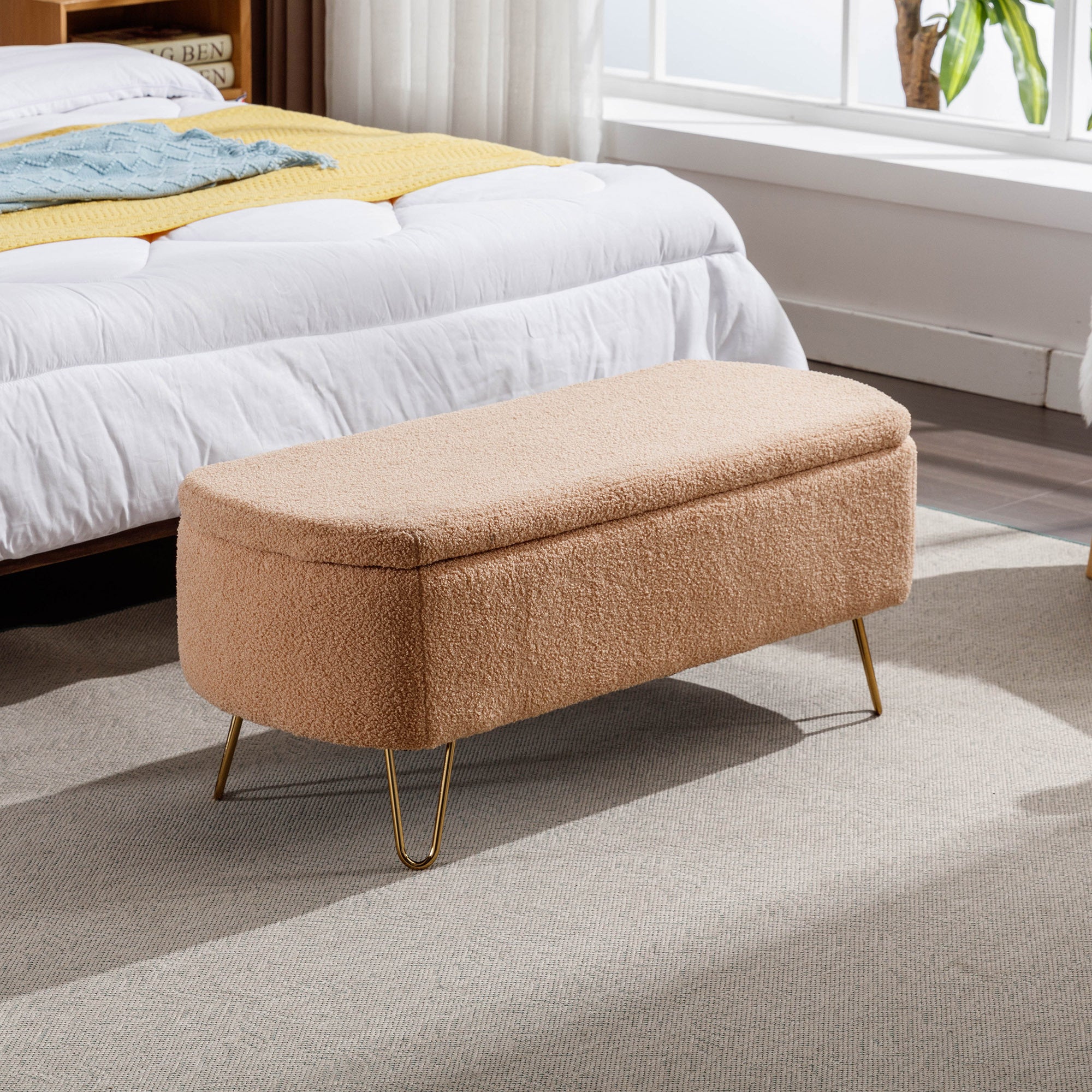 Camel Storage Ottoman Bench for End of Bed Gold Legs, Modern Camel Faux Fur Entryway Bench Upholstered Padded with Storage for Living Room Bedroom - Grand Goldman Shop