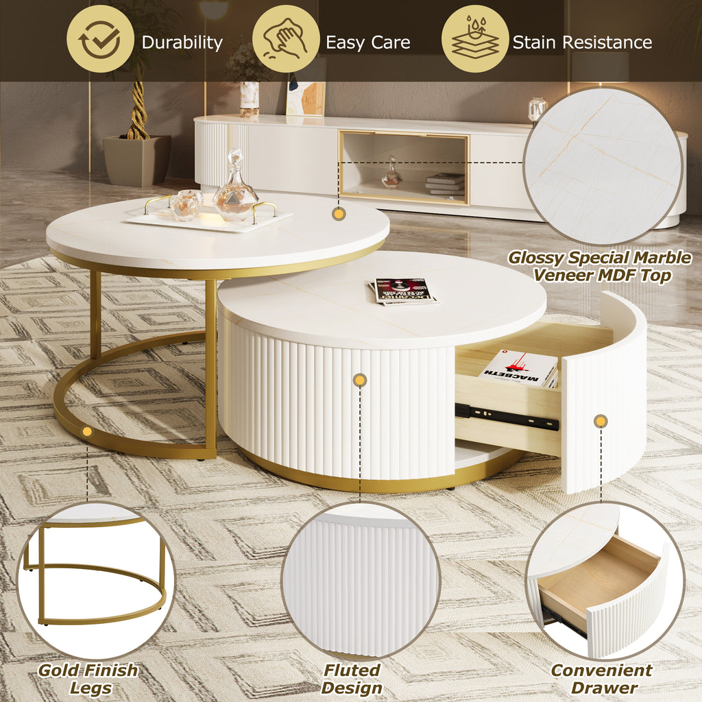 Modern Round Nesting Coffee Table Fluted with Drawer in White & Gold in 31.5'' - Grand Goldman Shop