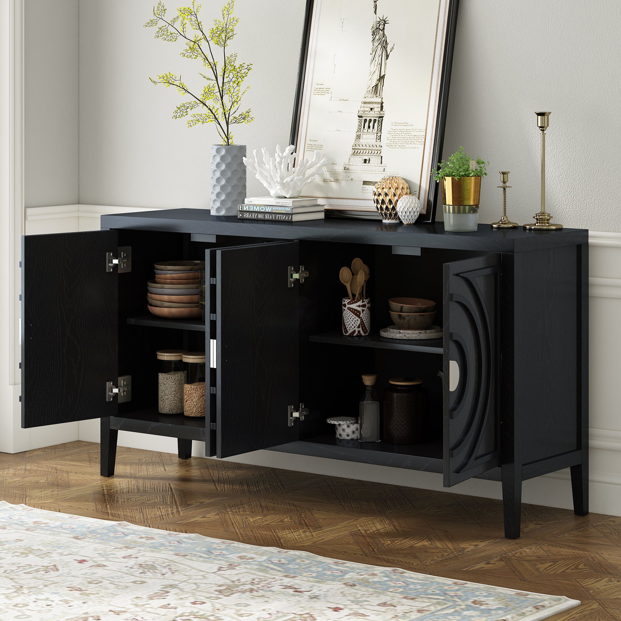 TREXM Retro Sideboard door with Circular Groove Design Round Metal Door Handle for Entrance, Dinning Room, Living Room (Black) - Grand Goldman Shop
