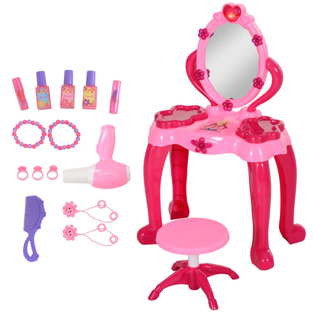 Qaba Kids Vanity Set with Mirror and Stool, Girls Makeup Table with Light and Sound, 15 Accessories, Pretend Play Set with Ha