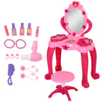 Qaba Kids Vanity Set with Mirror and Stool, Girls Makeup Table with Light and Sound, 15 Accessories, Pretend Play Set with Ha