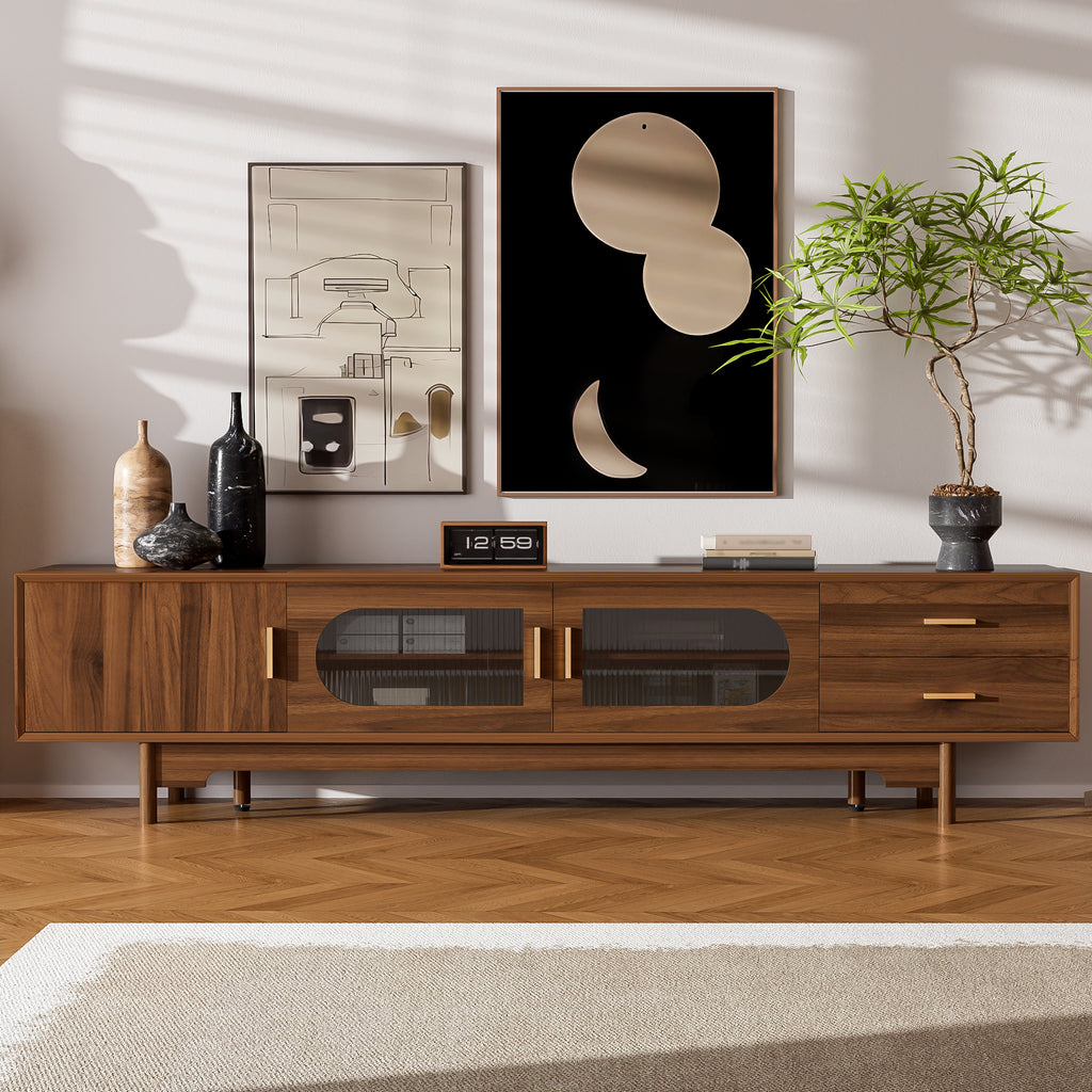 Modern TV Stand for 75-85 inch TVs with Fluted Glass Doors, 2 Drawers, Walnut Solid Wood Legs, 78.7'' L - Grand Goldman Shop