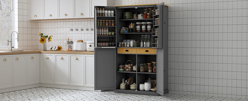 [Assembly Video Provided]TOPMAX 40.2x20x71.3inch High Freestanding Kitchen Pantry Large Cupboard Storage Cabinet with 2 Drawers, 2 Adjustable Shelves, 8 Door Shelves for Kitchen, Dining Room,Gray - Grand Goldman Shop