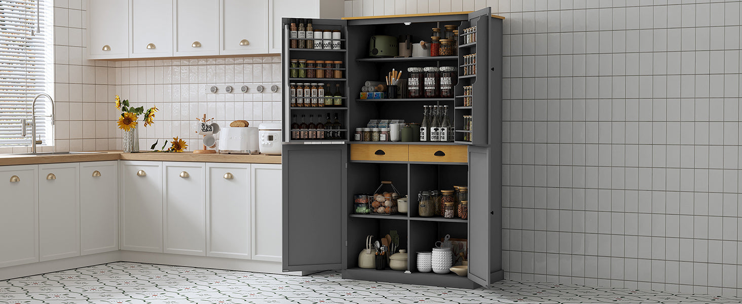 [Assembly Video Provided]TOPMAX 40.2x20x71.3inch High Freestanding Kitchen Pantry Large Cupboard Storage Cabinet with 2 Drawers, 2 Adjustable Shelves, 8 Door Shelves for Kitchen, Dining Room,Gray - Grand Goldman Shop