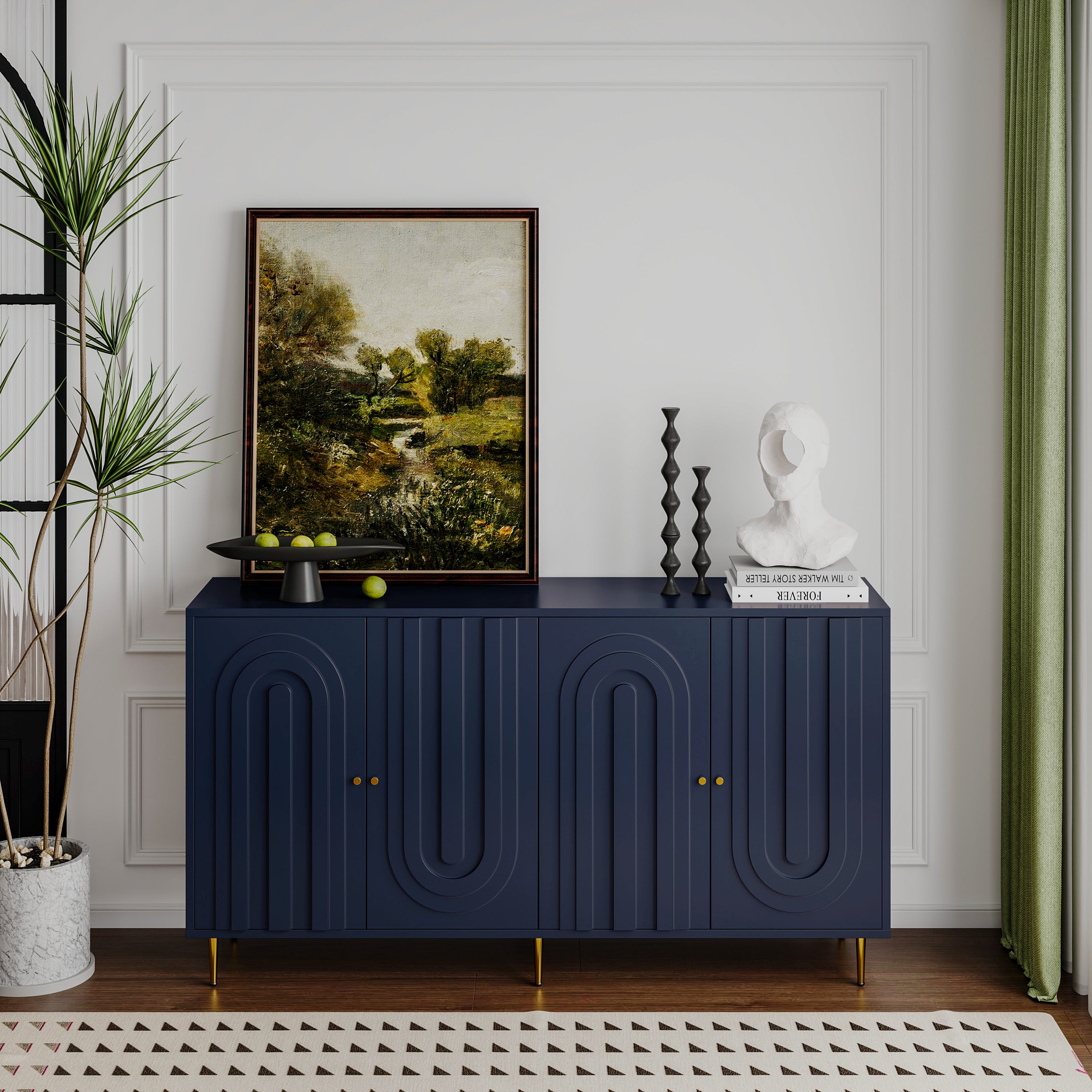 Modern Blue Lacquered 4 Door Wooden Cabinet Sideboard Buffet Server Cabinet Storage Cabinet, for Living Room, Entryway, Hallway, Office, Kitchen and Dining Room - Grand Goldman Shop