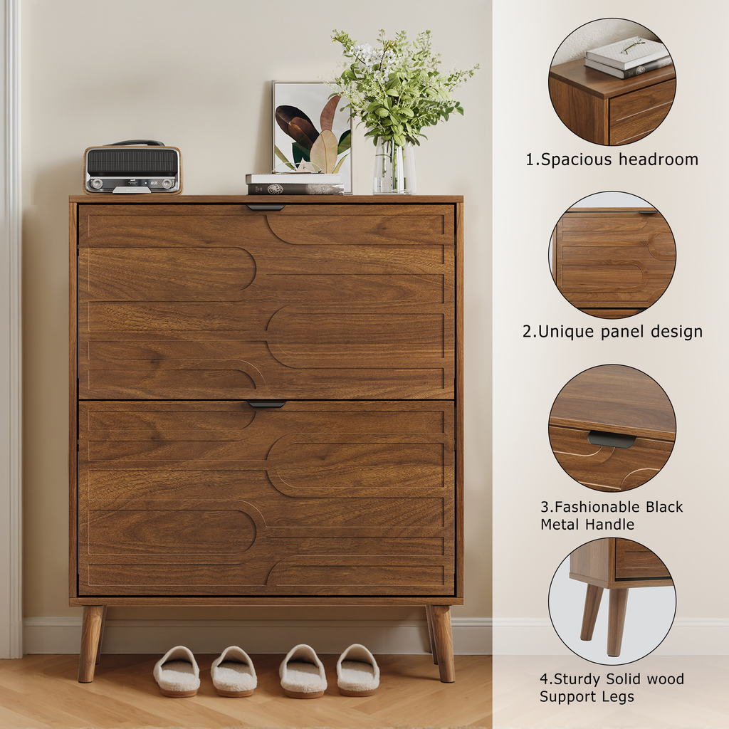 Medieval Modern Independent Shoe Cabinet with 2 Flip Drawers, Walnut MDF, 31.5-inch - Grand Goldman Shop