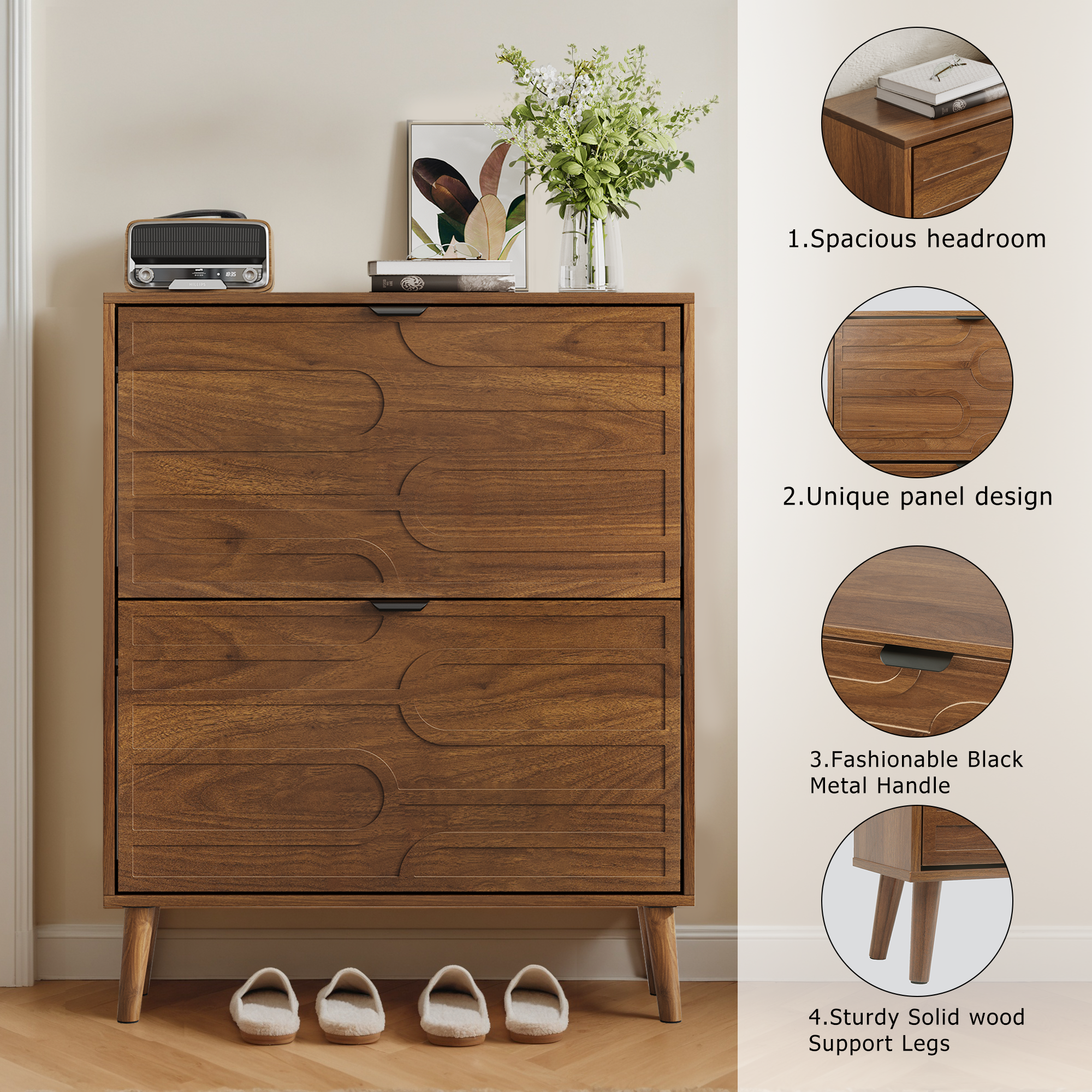 Medieval Modern Independent Shoe Cabinet with 2 Flip Drawers, Walnut MDF, 31.5-inch - Grand Goldman Shop