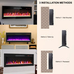 36 inch recessed ultra thin tempered glass front wall mounted electric fireplace with remote and multi color flame & emberbed, LED light heater - Grand Goldman Shop