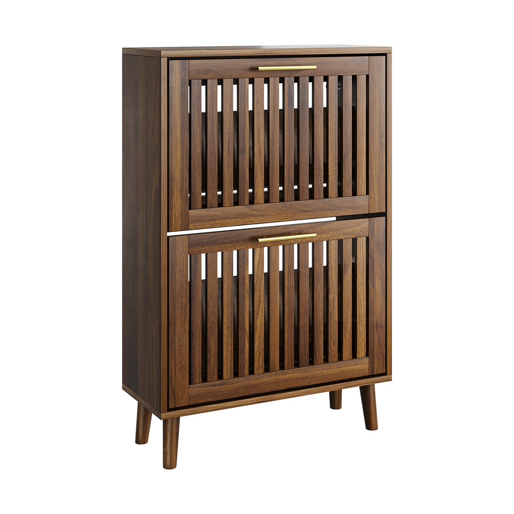 Medieval Modern Walnut Shoe Cabinet With 2 Flip Drawers And Fence Design, 23.6-Inch,MDF - Grand Goldman Shop