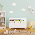 White Wooden Toy Box with 4 Universal Wheels, Kids Playroom Storage Organizer with Front Bookshelf, Flip-Top Lid, Safety Hing
