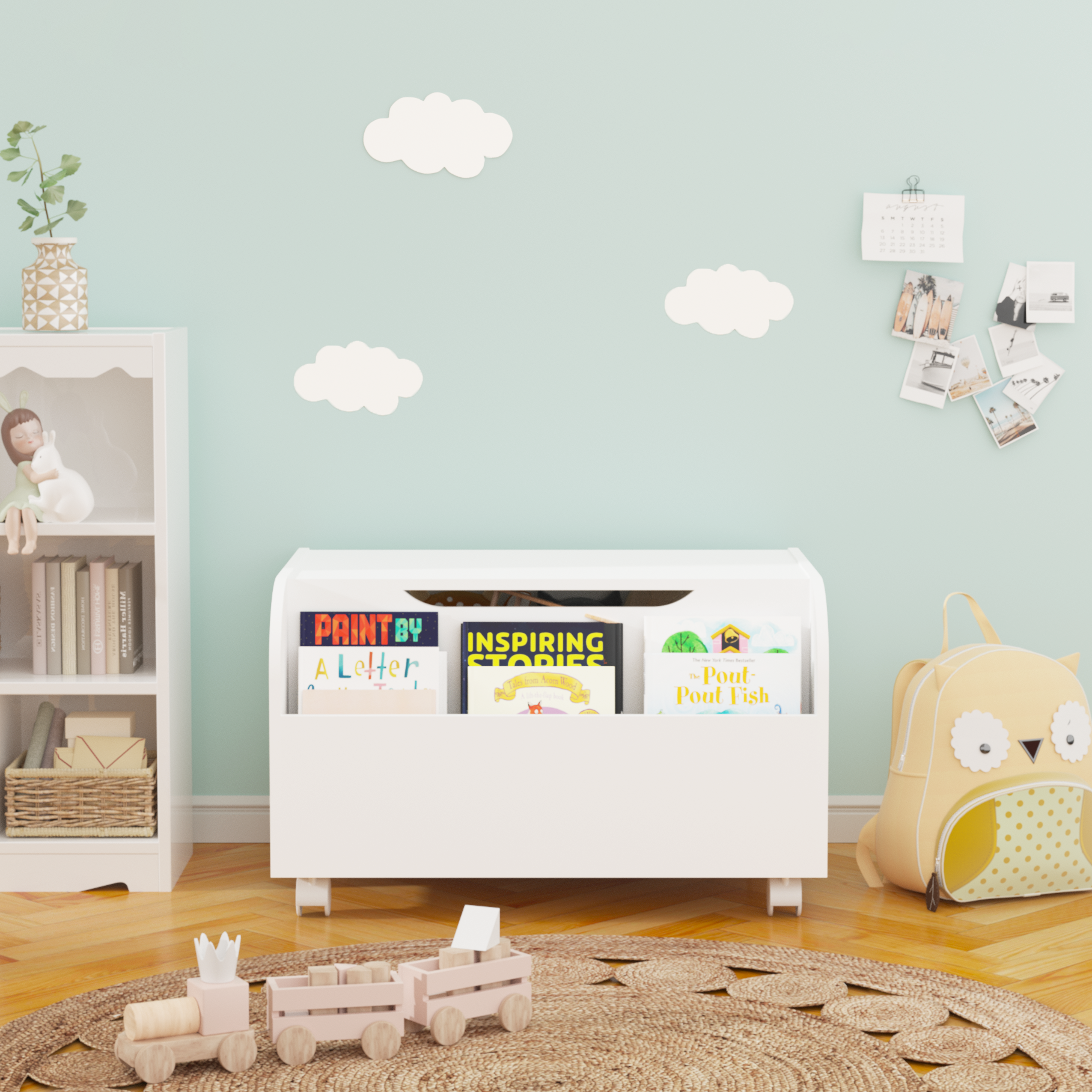 White Wooden Toy Box with 4 Universal Wheels, Kids Playroom Storage Organizer with Front Bookshelf, Flip-Top Lid, Safety Hing