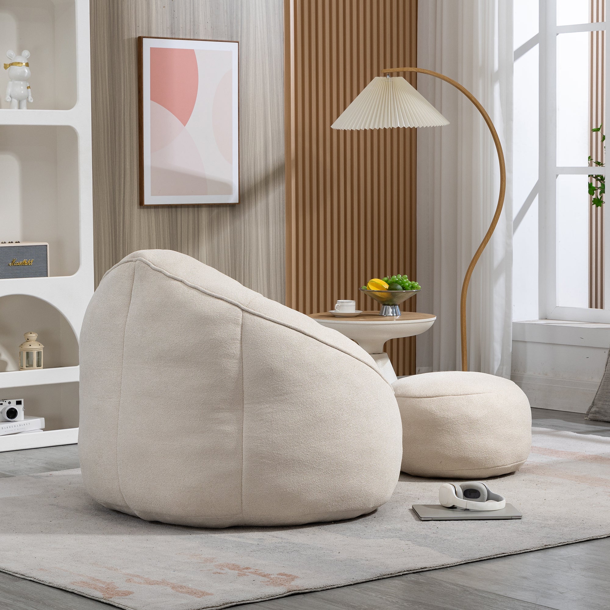 Bedding Bean Bag Sofa Chair with High-Pressure Foam and Footrest, Beige Microfiber - Grand Goldman Shop