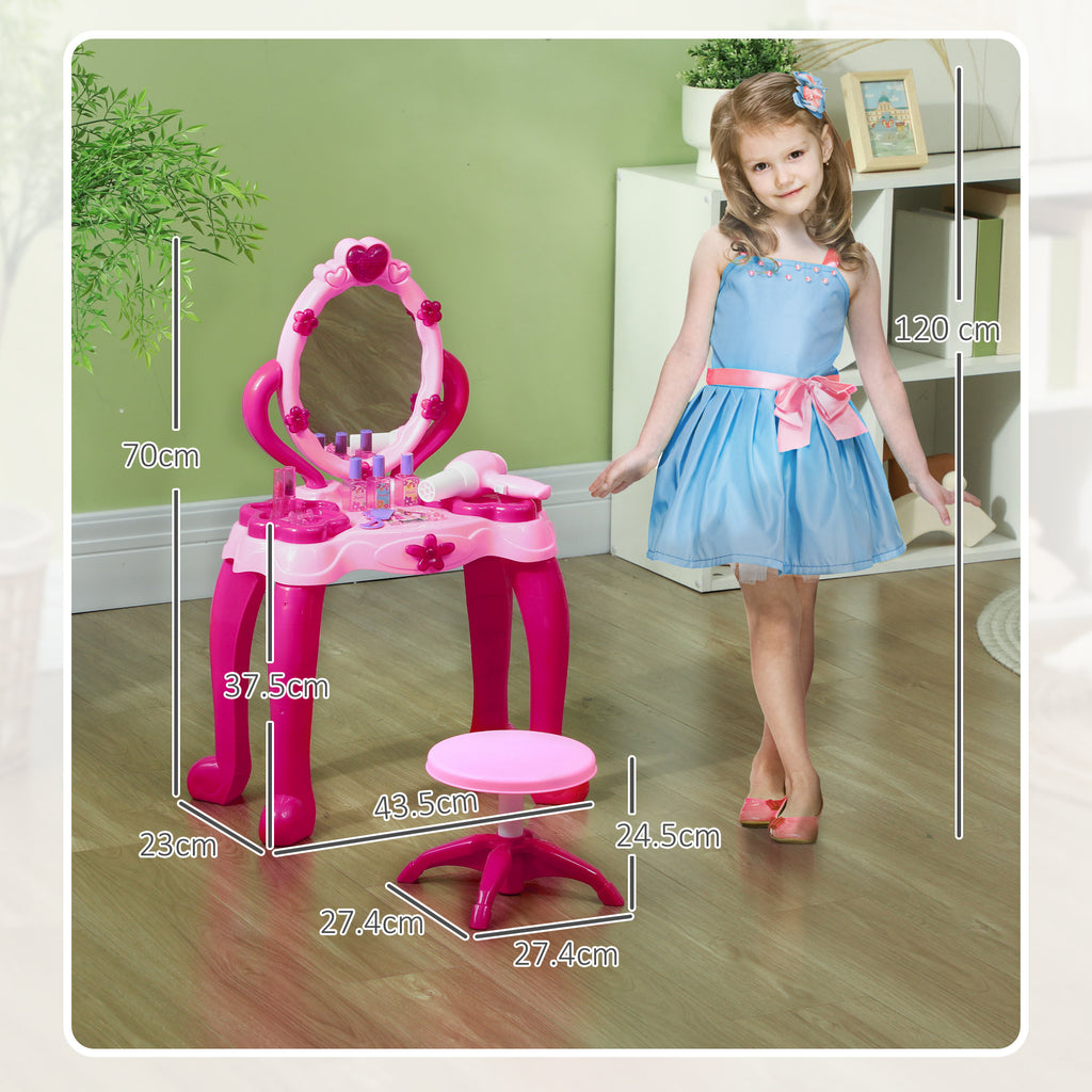 Qaba Kids Vanity Set with Mirror and Stool, Girls Makeup Table with Light and Sound, 15 Accessories, Pretend Play Set with Ha