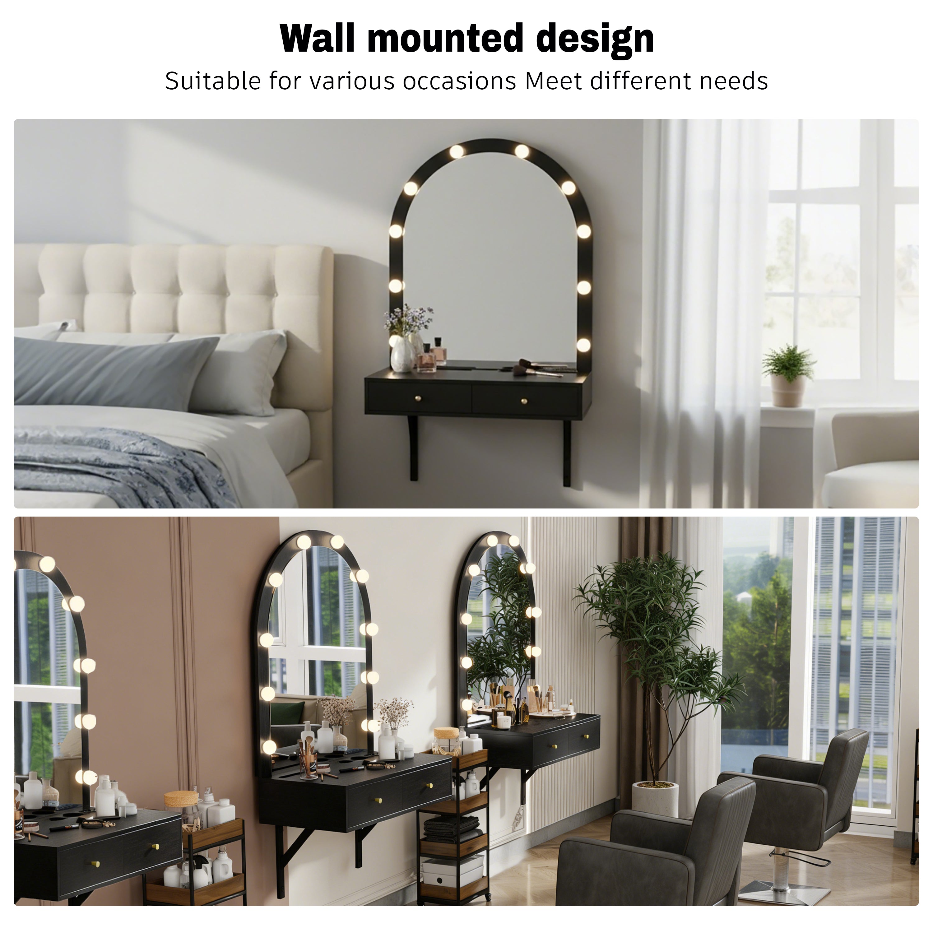 Floating Wall Mounted Makeup Vanity Desk with LED Mirror 3 Color Lights, Compact Dressing Table with Power Outlet & USB Charging, Space Saving Large Storage Vanity for Bedroom Bathroom, Black - Grand Goldman Shop