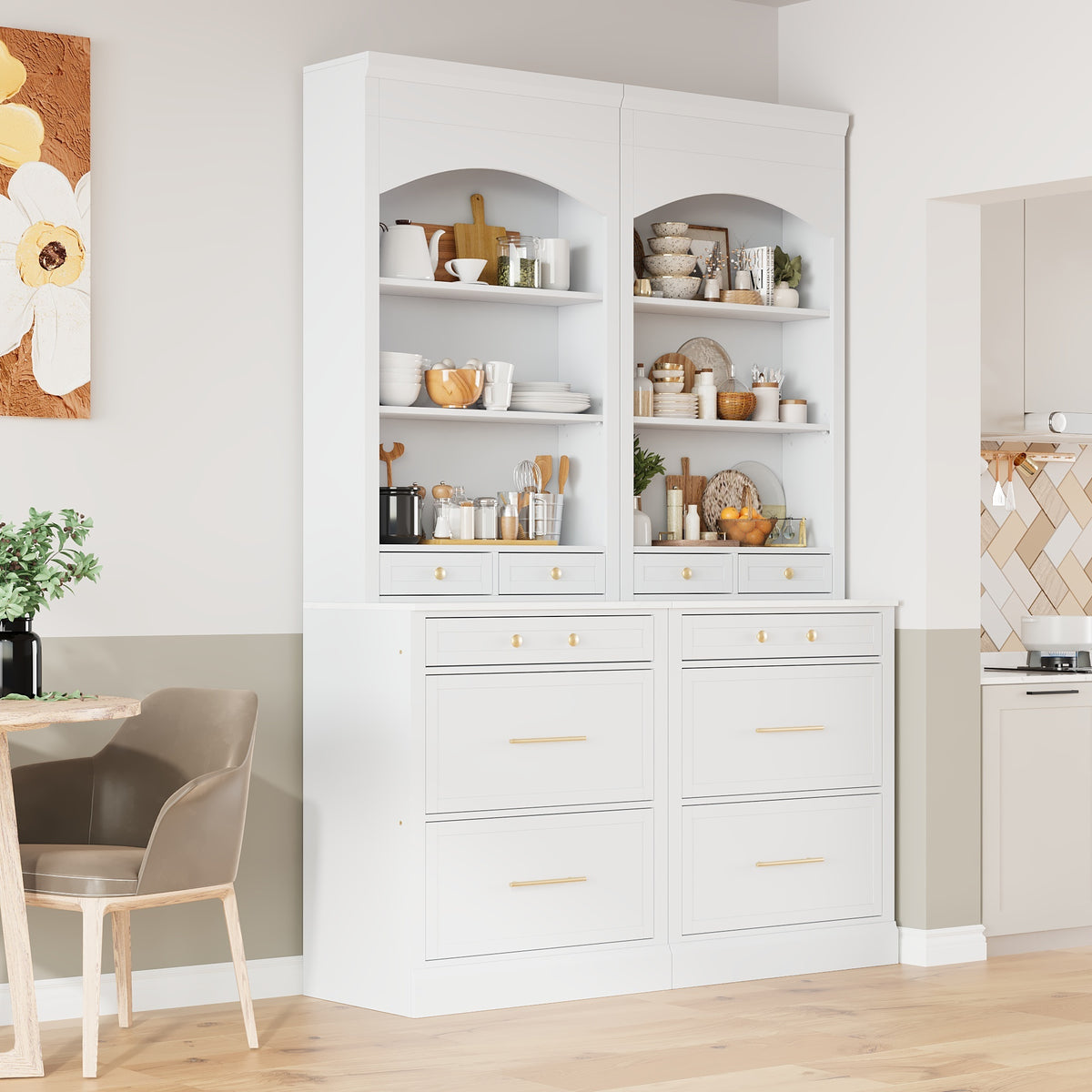 [Assembly Video Provided] TOPMAX Modern 83.7inch High Kitchen Pantry, Freestanding Tall Kitchen Hutch with Faux Marble Top,Cupboard Cabinet with 5 Storage Drawers and Adjustable Shelf, Set of 2, White - Grand Goldman Shop
